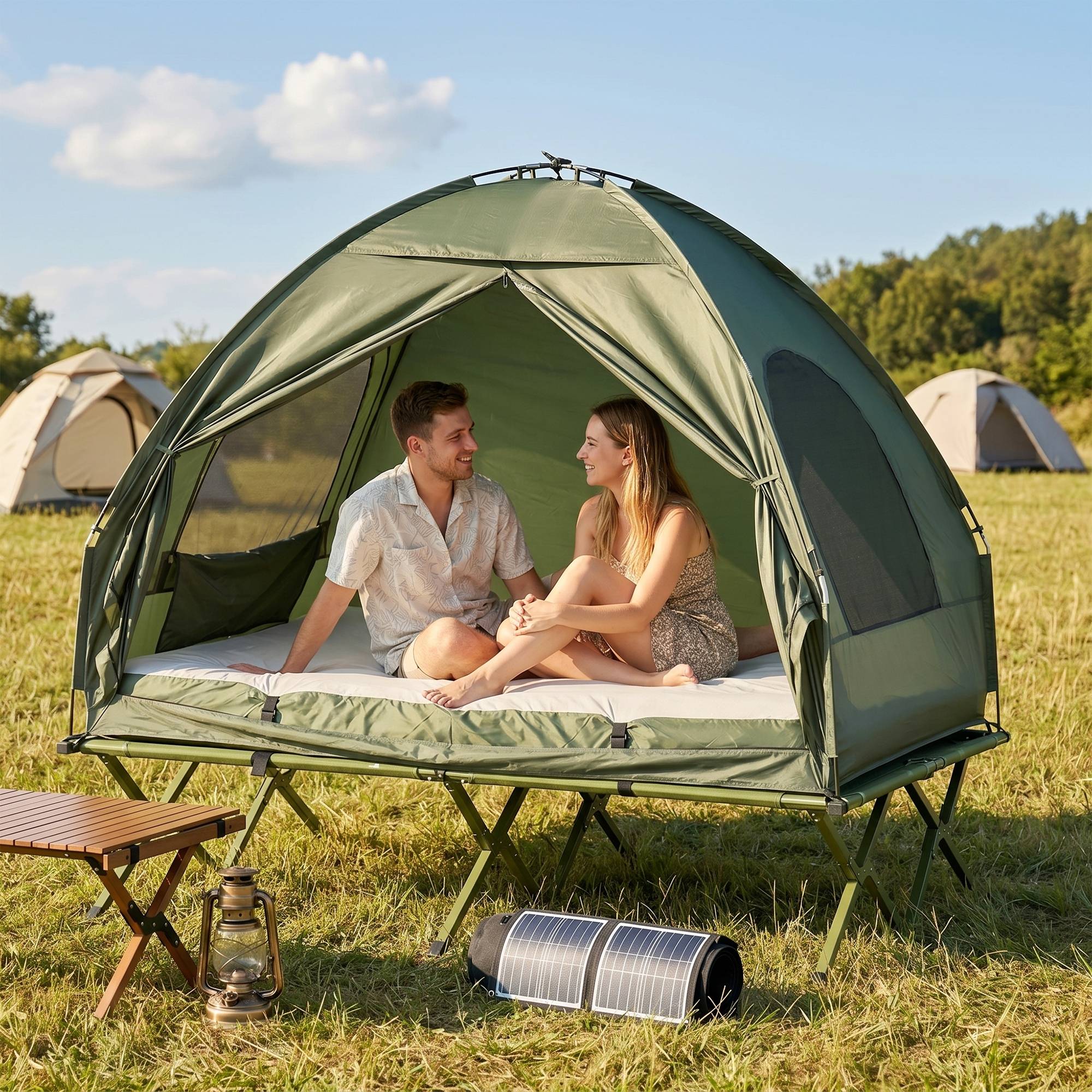 Sans Marque - Kit tente camping pour 2 pers. avec lit et matelas gonflable, vert - Image 4