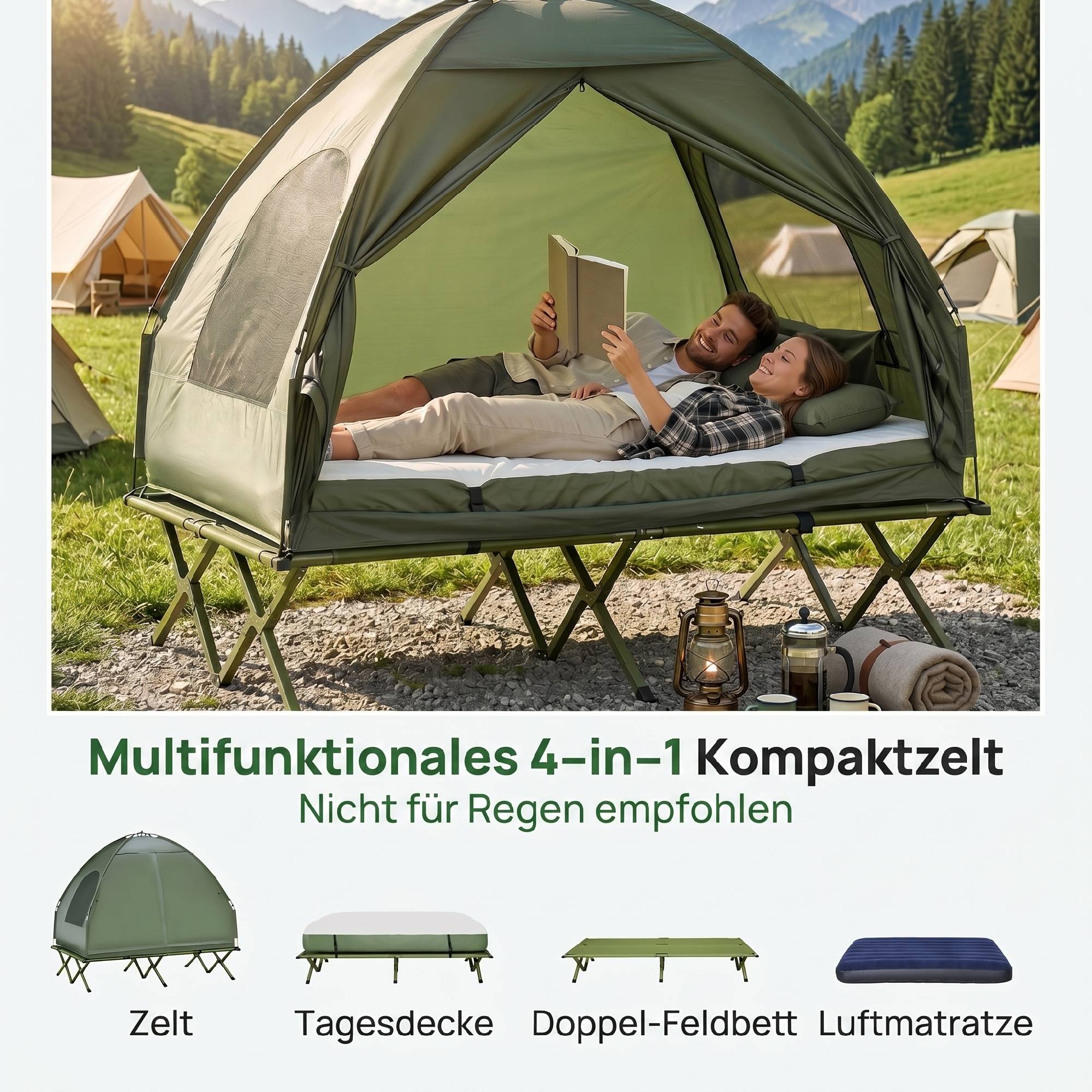 Sans Marque - Kit tente camping pour 2 pers. avec lit et matelas gonflable, vert - Image 6