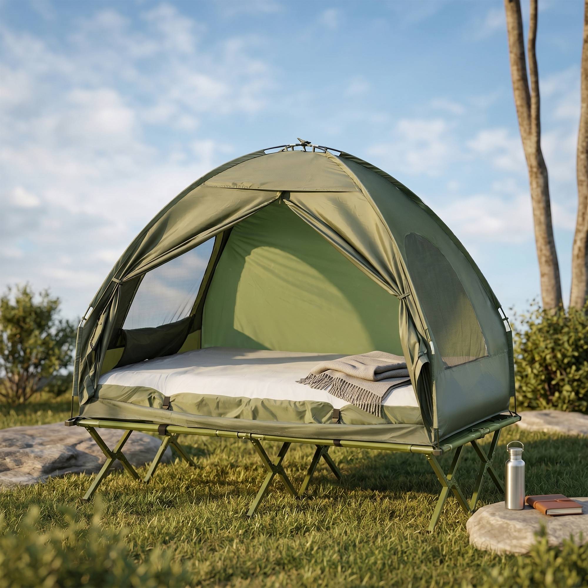 Sans Marque - Kit tente camping pour 2 pers. avec lit et matelas gonflable, vert - Image 10