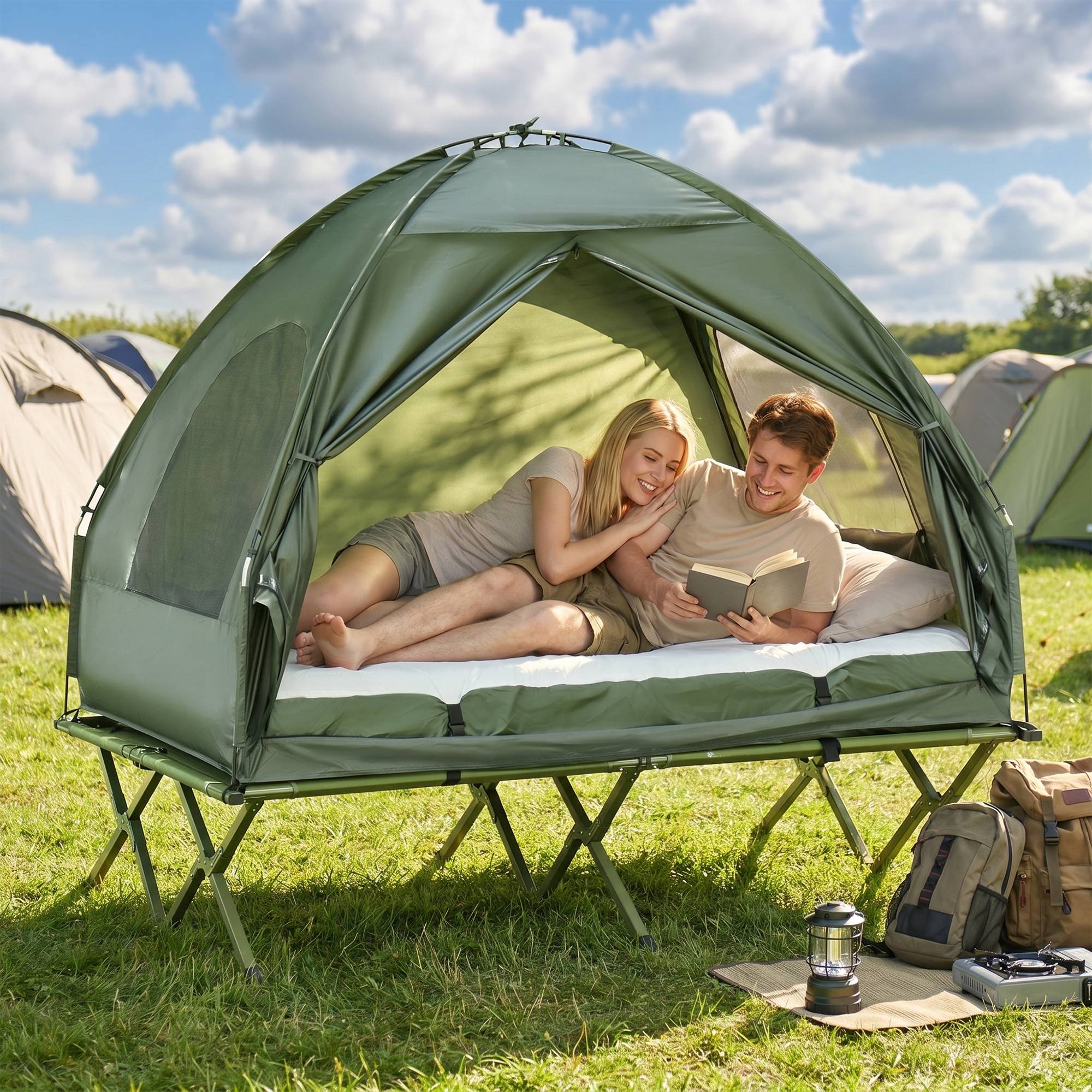 Sans Marque - Kit tente camping pour 2 pers. avec lit et matelas gonflable, vert - Image 3