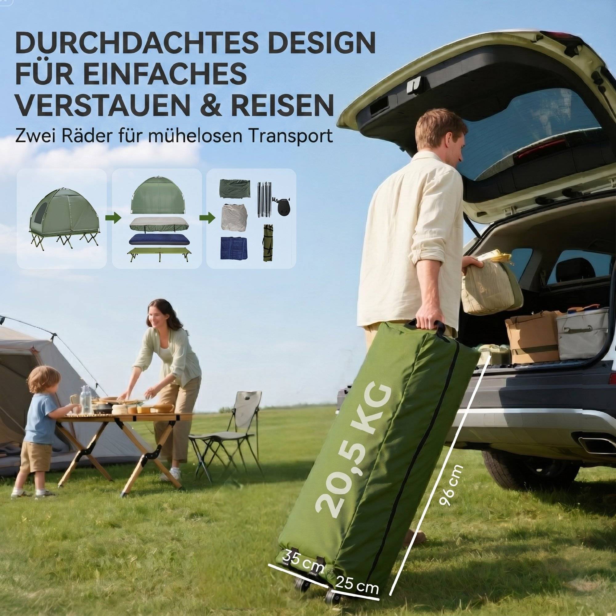 Sans Marque - Kit tente camping pour 2 pers. avec lit et matelas gonflable, vert - Image 8