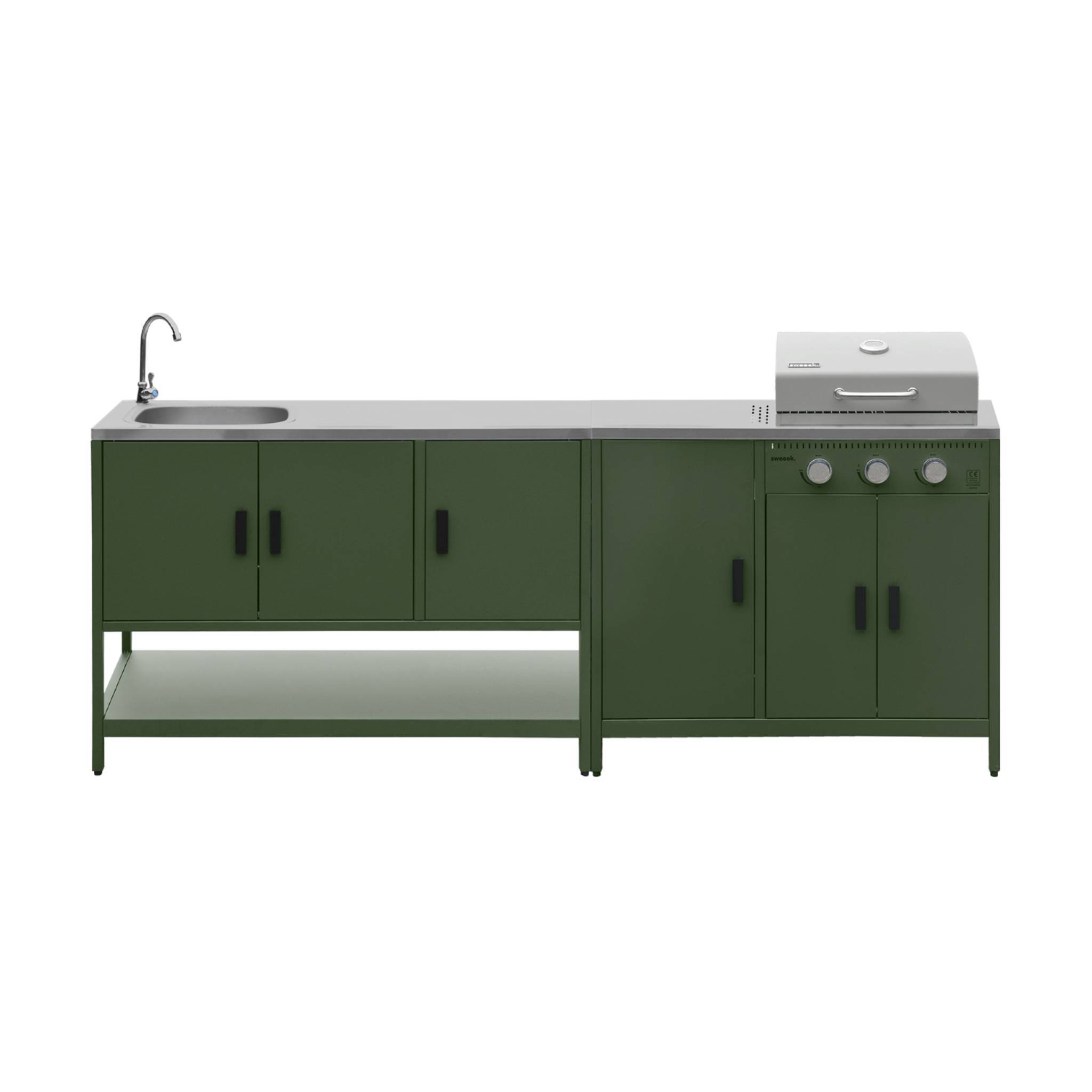sweeek - Cuisine extérieure Naxos 2 modules acier inoxydable vert barbecue gaz 3 brûleurs avec évier | sweeek - Image 2