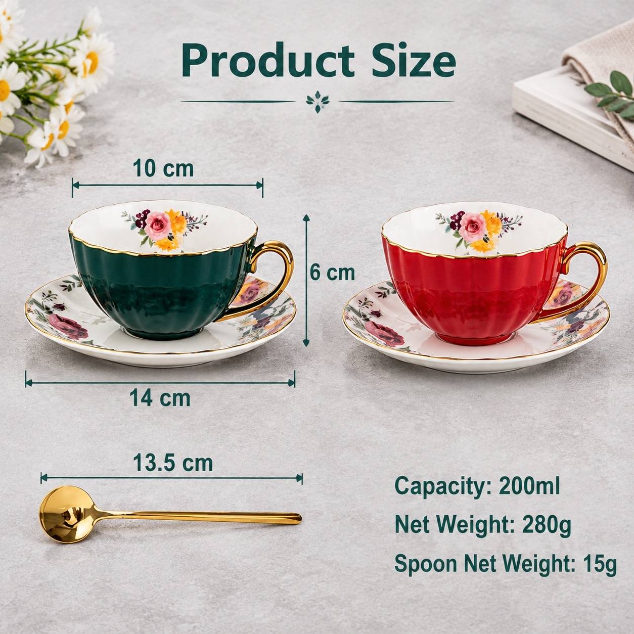 Tasses à Café Porcelaine avec Sous-tasses et Cuillères Set de 2 Fleurs Doré - Image 5