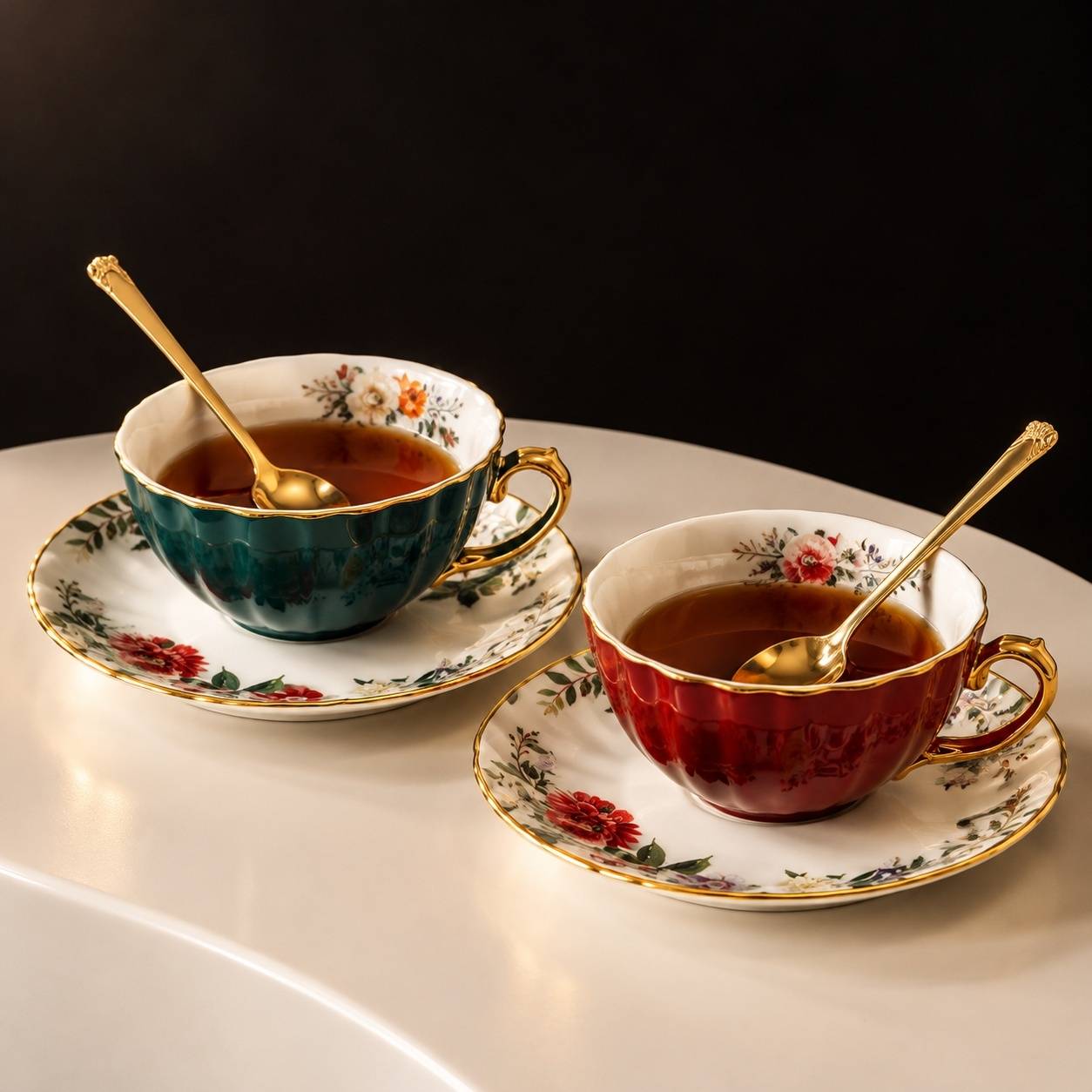 Tasses à Café Porcelaine avec Sous-tasses et Cuillères Set de 2 Fleurs Doré - Image 7