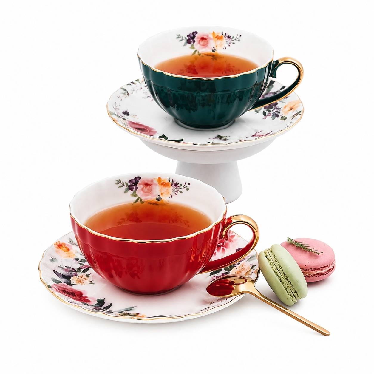 Tasses à Café Porcelaine avec Sous-tasses et Cuillères Set de 2 Fleurs Doré