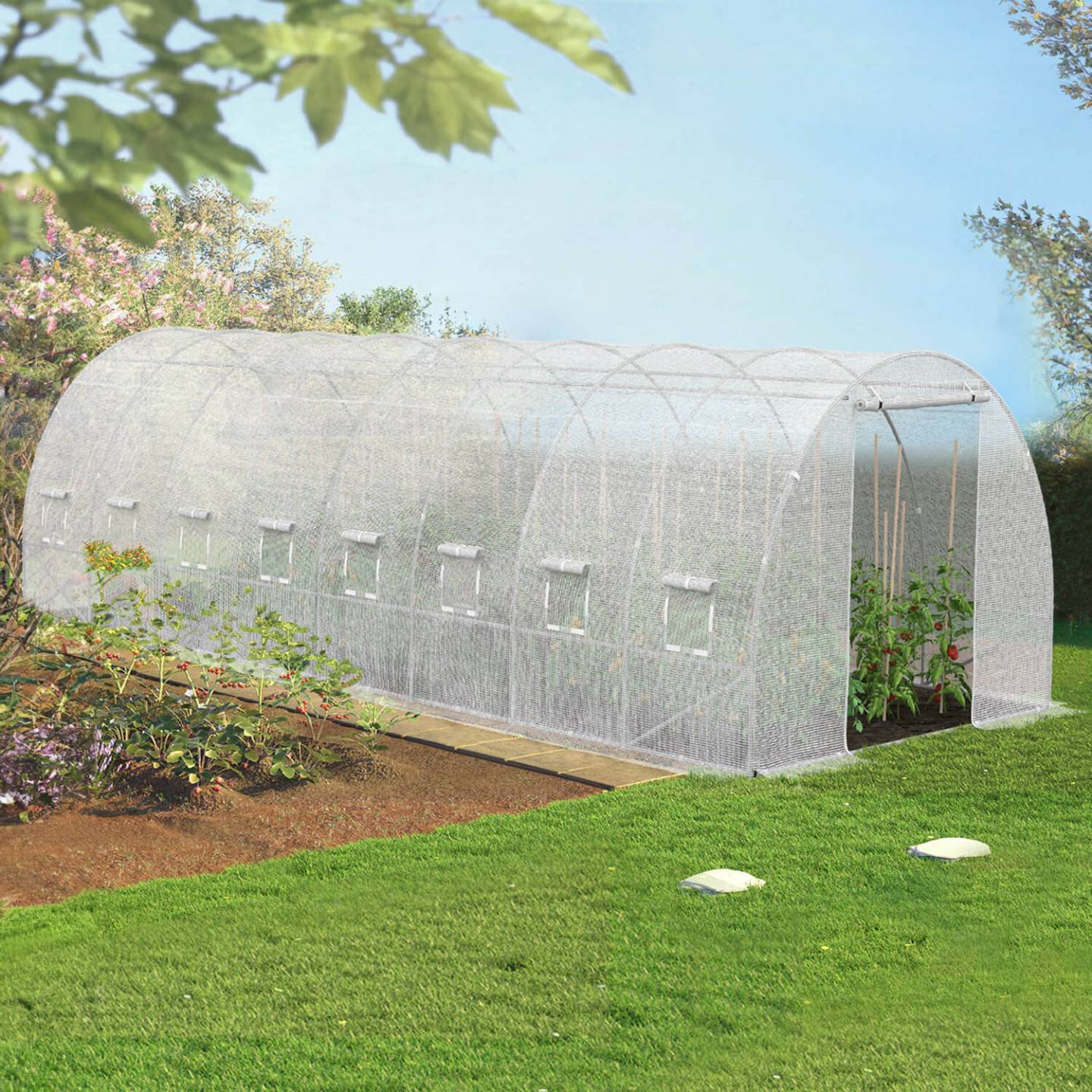 IDMARKET - Bâche de rechange pour serre de jardin tunnel 24m² 8 x 3 x 2 m anti-UV avec porte et fenêtres DES ANDES blanche - Image 2