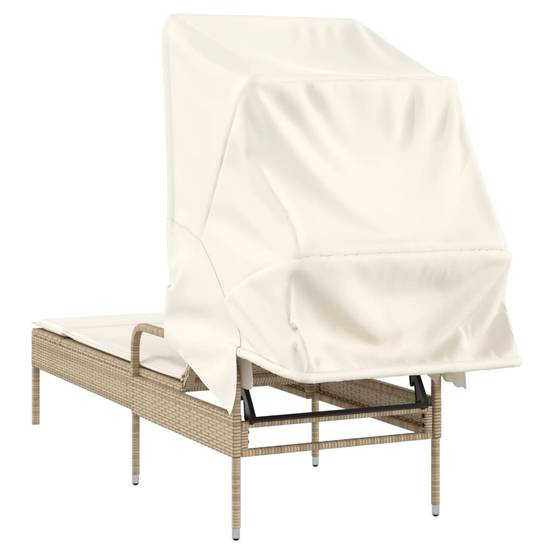 Chaise longue | Transat | Bain de soleil avec auvent beige résine tressée - Image 6