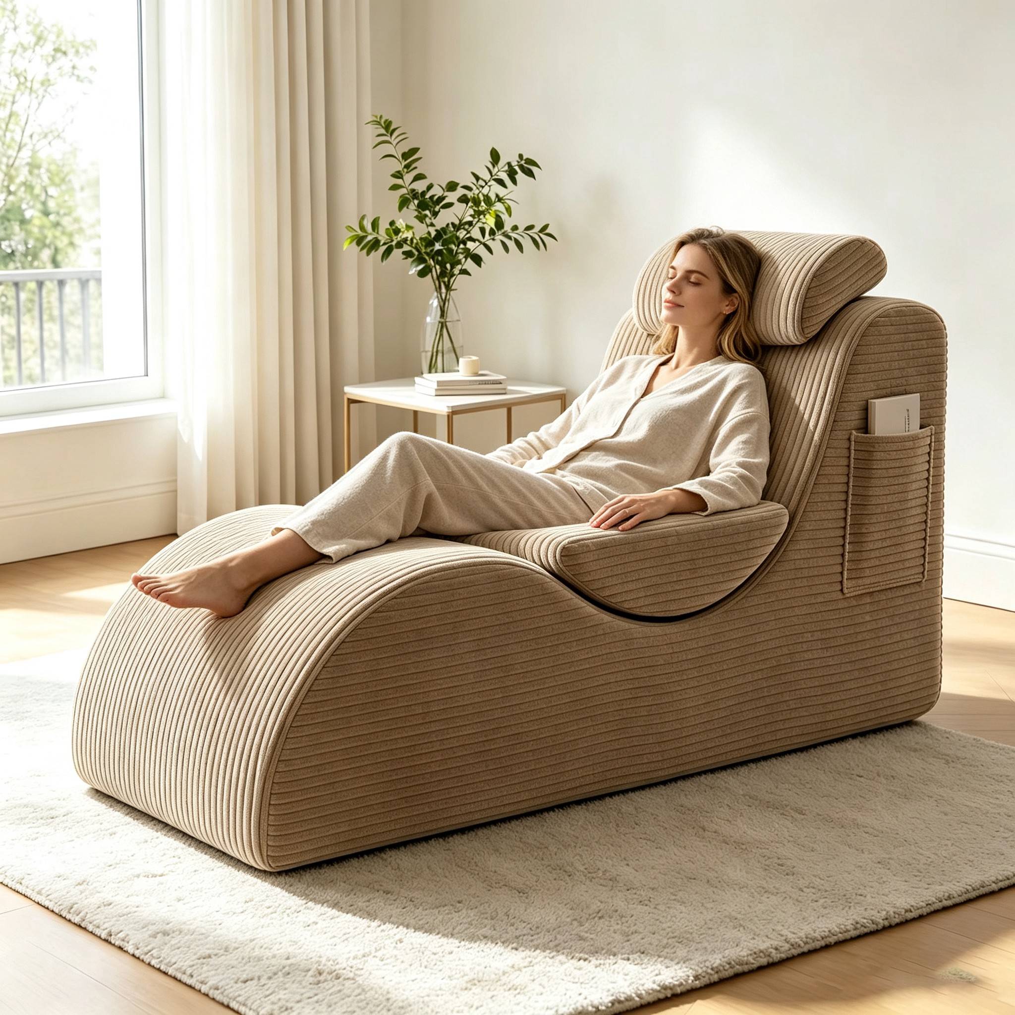 Sans Marque - Fauteuil relax ergonomique en velours côtelé beige, chaise longue avec repose-pieds intégré, fauteuil lounge confortable salon chambre appartement - Image 2