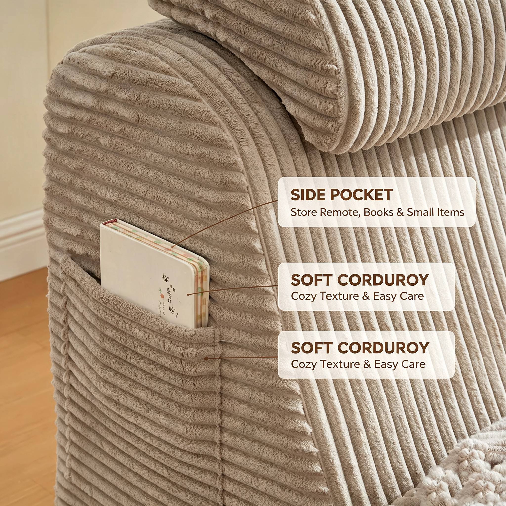 Sans Marque - Fauteuil relax ergonomique en velours côtelé beige, chaise longue avec repose-pieds intégré, fauteuil lounge confortable salon chambre appartement - Image 5