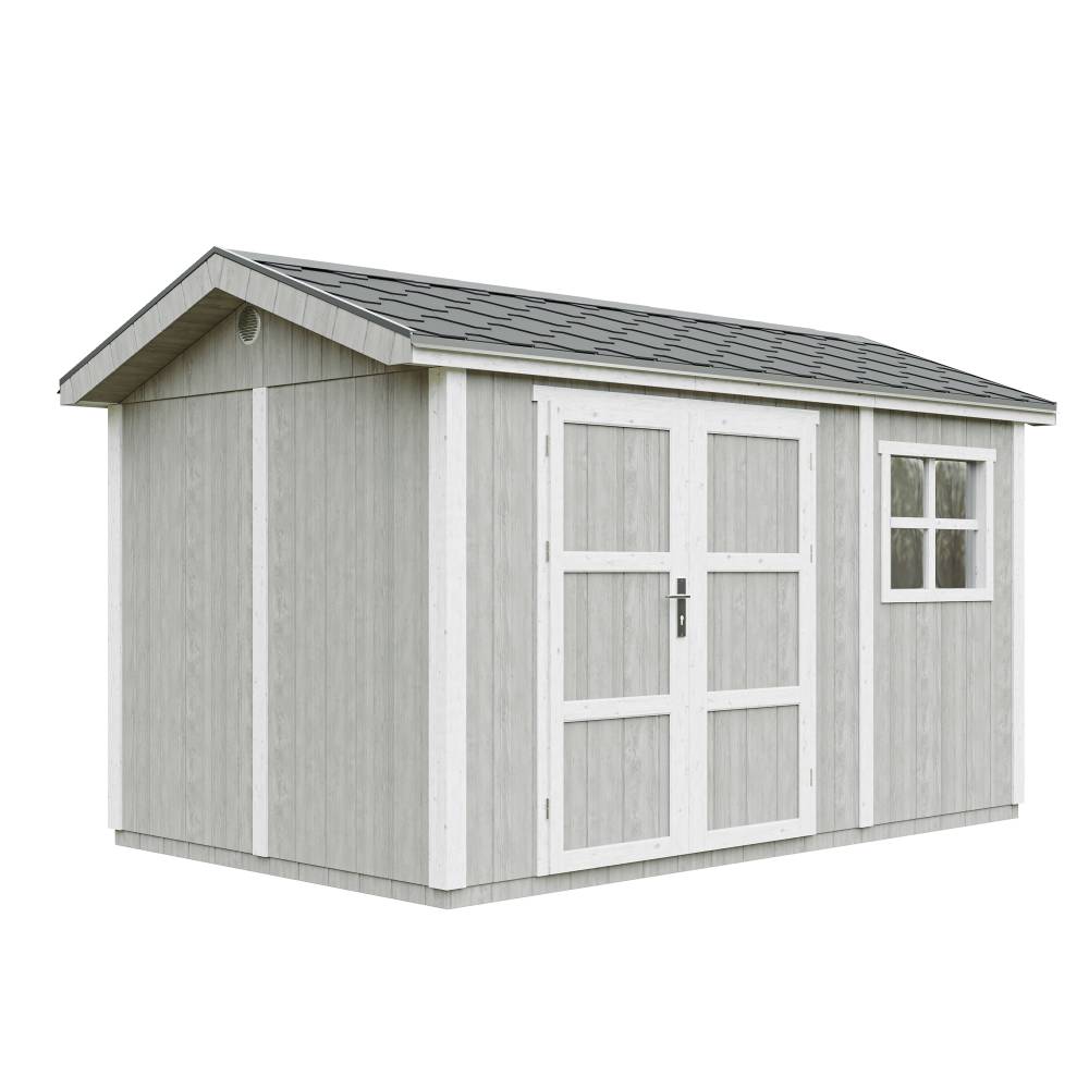 Timbela - Abri de Jardin Qualité Premium 8,68 m² - H252x250x412 cm avec un sol et des bardeaux bitumineuxs - Timbela M914-TUNDRA GREY - Image 3