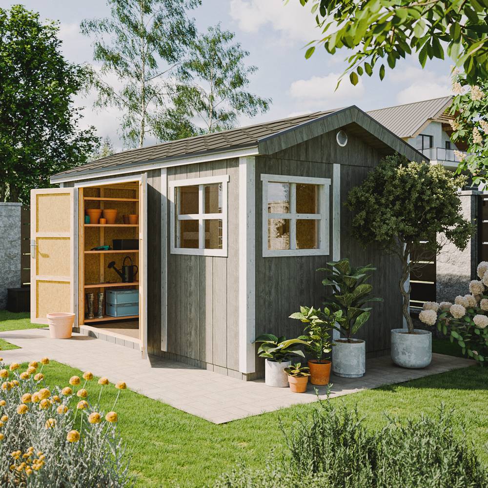 Timbela - Abri de Jardin Qualité Premium 8,68 m² - H252x250x412 cm avec un sol et des bardeaux bitumineuxs - Timbela M914-TUNDRA GREY - Image 2
