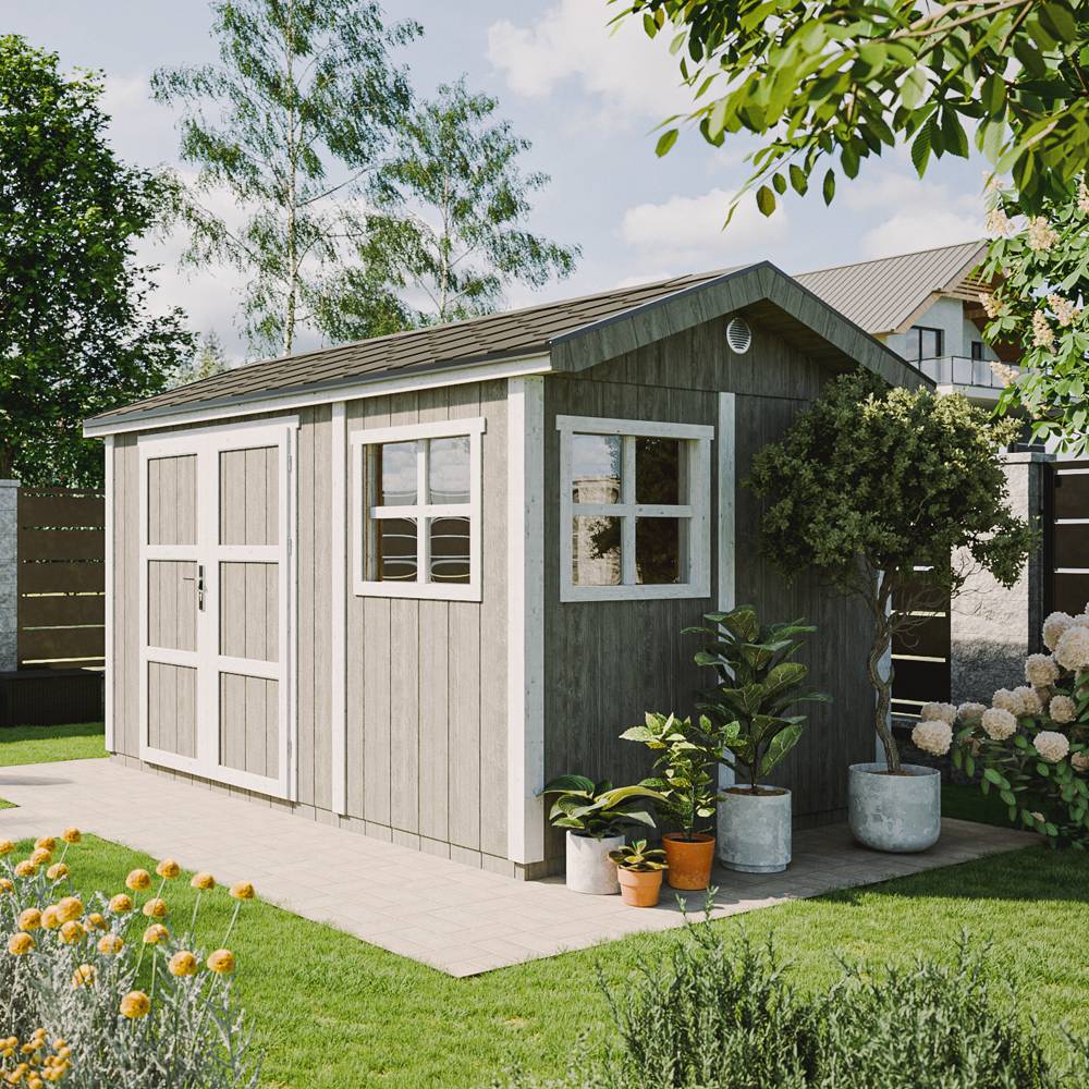 Timbela - Abri de Jardin Qualité Premium 8,68 m² - H252x250x412 cm avec un sol et des bardeaux bitumineuxs - Timbela M914-TUNDRA GREY