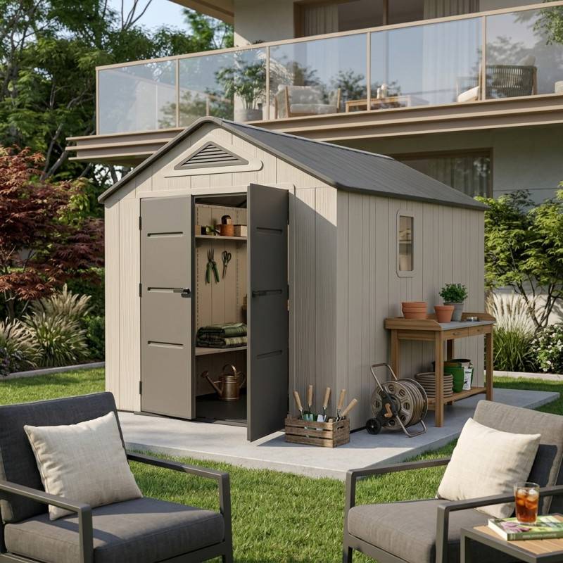 Abri de jardin en résine HDPE 7,8 m² avec plancher et fenêtre Jobu crème et anthracite - Image 1