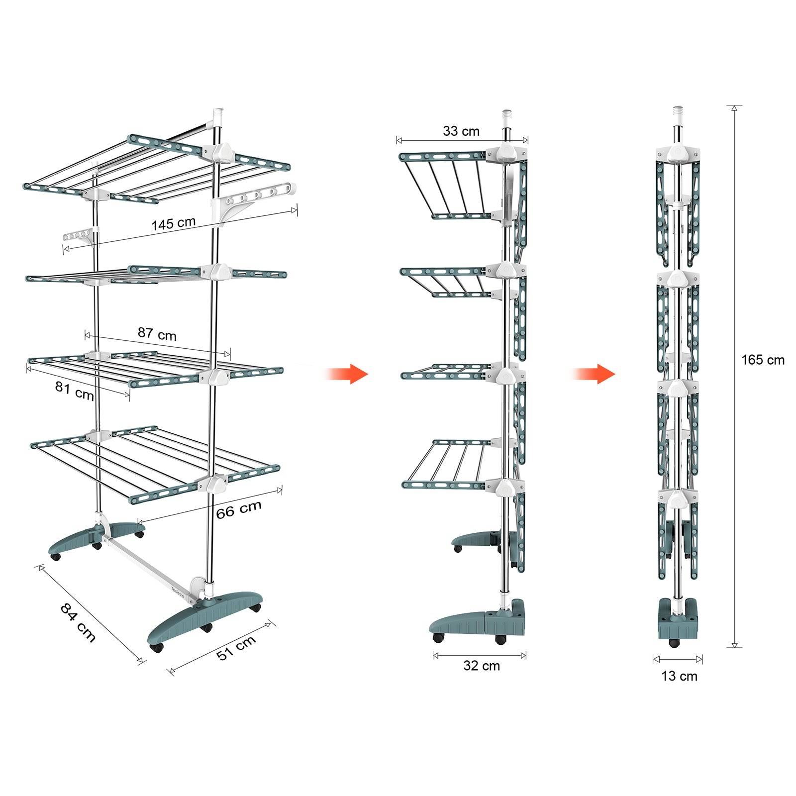 Todeco Séchoir à Linge Pliant à 4 Niveaux, Etendoir à Linge intérieur en Acier Inoxydable, avec Barre Supérieure, Ailes réglables en Hauteur, Sarcelle - Image 6