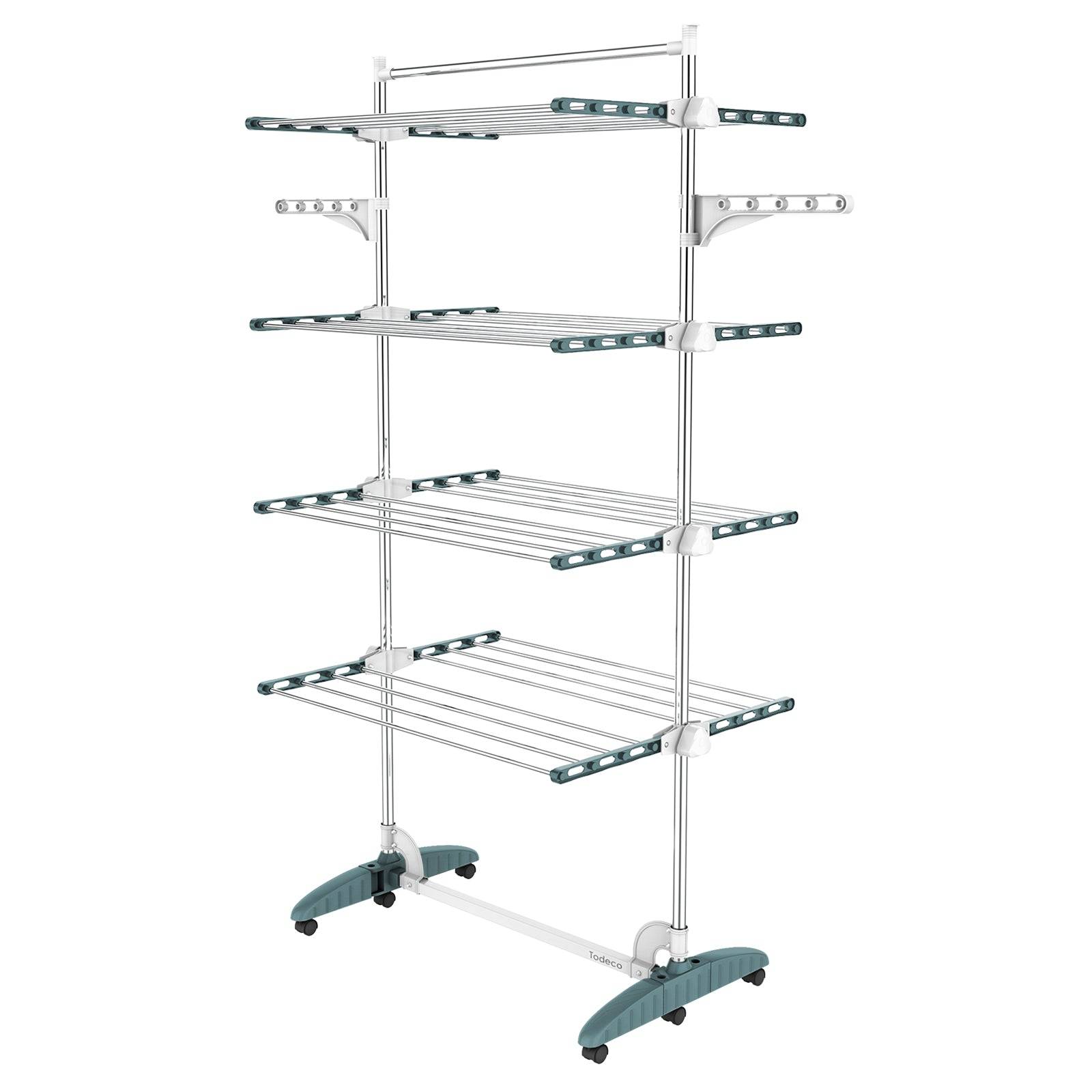 Todeco Séchoir à Linge Pliant à 4 Niveaux, Etendoir à Linge intérieur en Acier Inoxydable, avec Barre Supérieure, Ailes réglables en Hauteur, Sarcelle