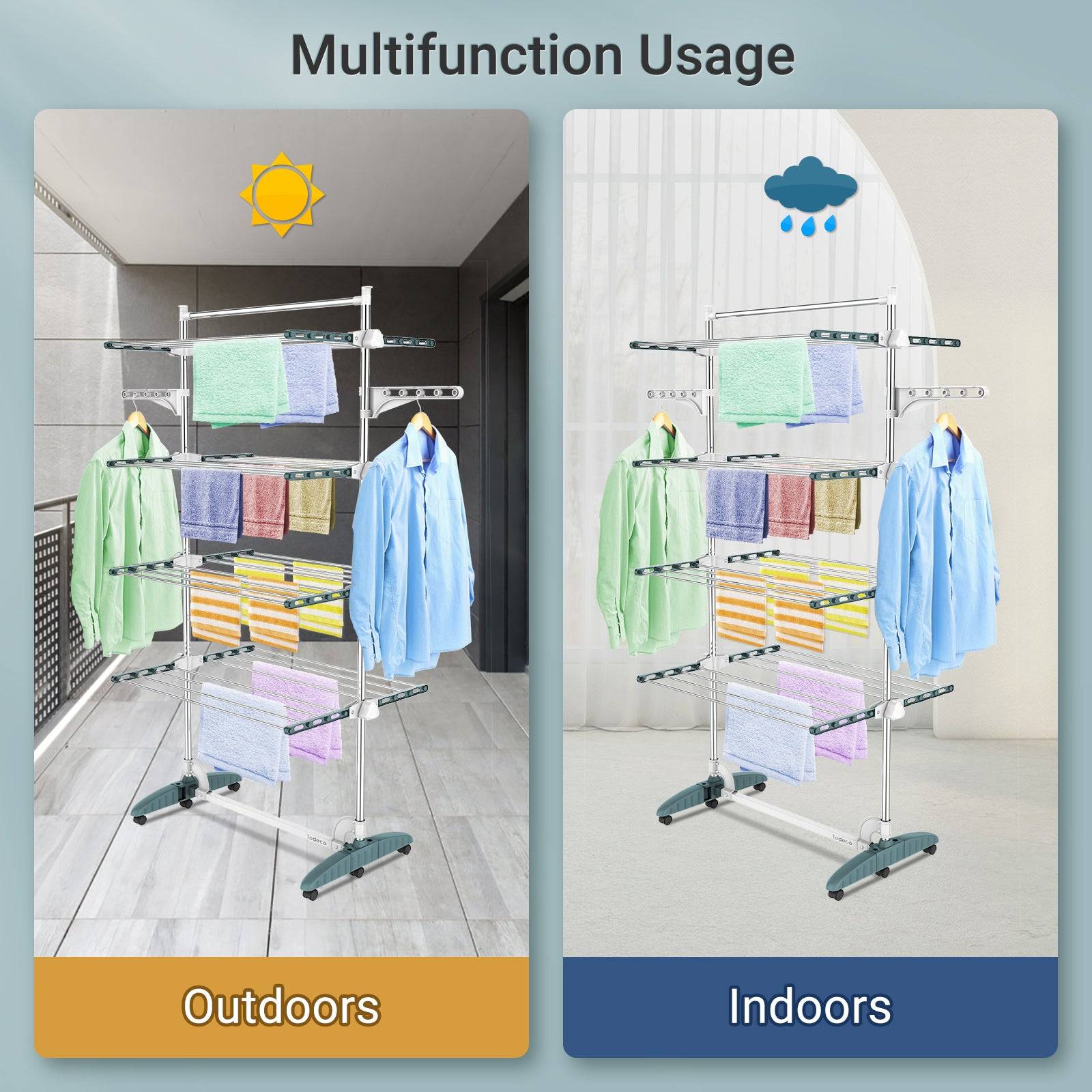 Todeco Séchoir à Linge Pliant à 4 Niveaux, Etendoir à Linge intérieur en Acier Inoxydable, avec Barre Supérieure, Ailes réglables en Hauteur, Sarcelle - Image 5