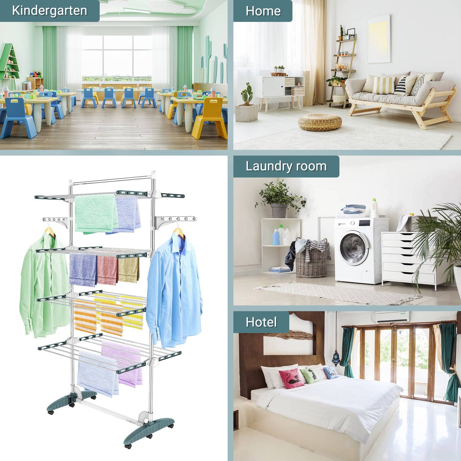 Todeco Séchoir à Linge Pliant à 4 Niveaux, Etendoir à Linge intérieur en Acier Inoxydable, avec Barre Supérieure, Ailes réglables en Hauteur, Sarcelle - Image 2