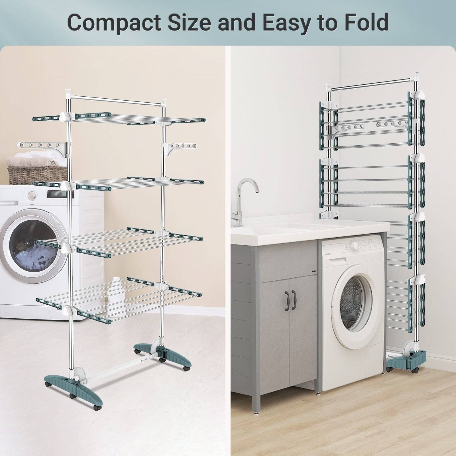 Todeco Séchoir à Linge Pliant à 4 Niveaux, Etendoir à Linge intérieur en Acier Inoxydable, avec Barre Supérieure, Ailes réglables en Hauteur, Sarcelle - Image 7
