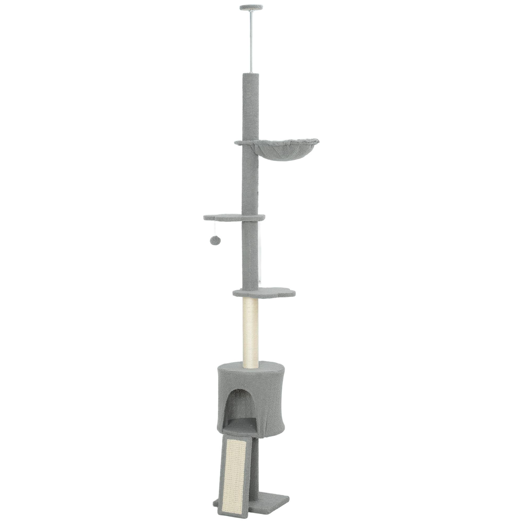 Arbre à chat du sol au plafond, hauteur réglable 220-240 cm, avec hamac, plateformes fleuries, niches, rampe, balle, gris clair - Image 2
