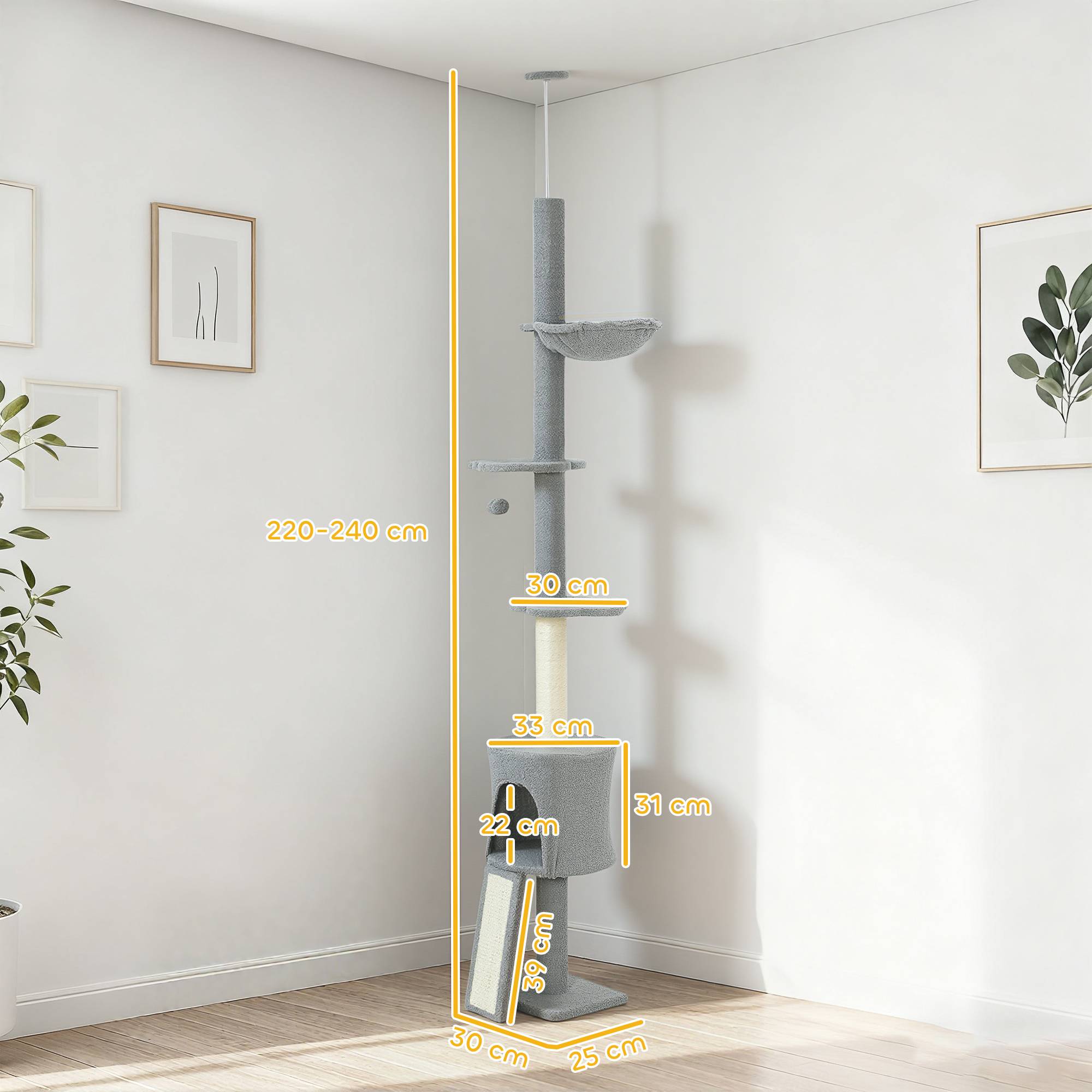 Arbre à chat du sol au plafond, hauteur réglable 220-240 cm, avec hamac, plateformes fleuries, niches, rampe, balle, gris clair - Image 5