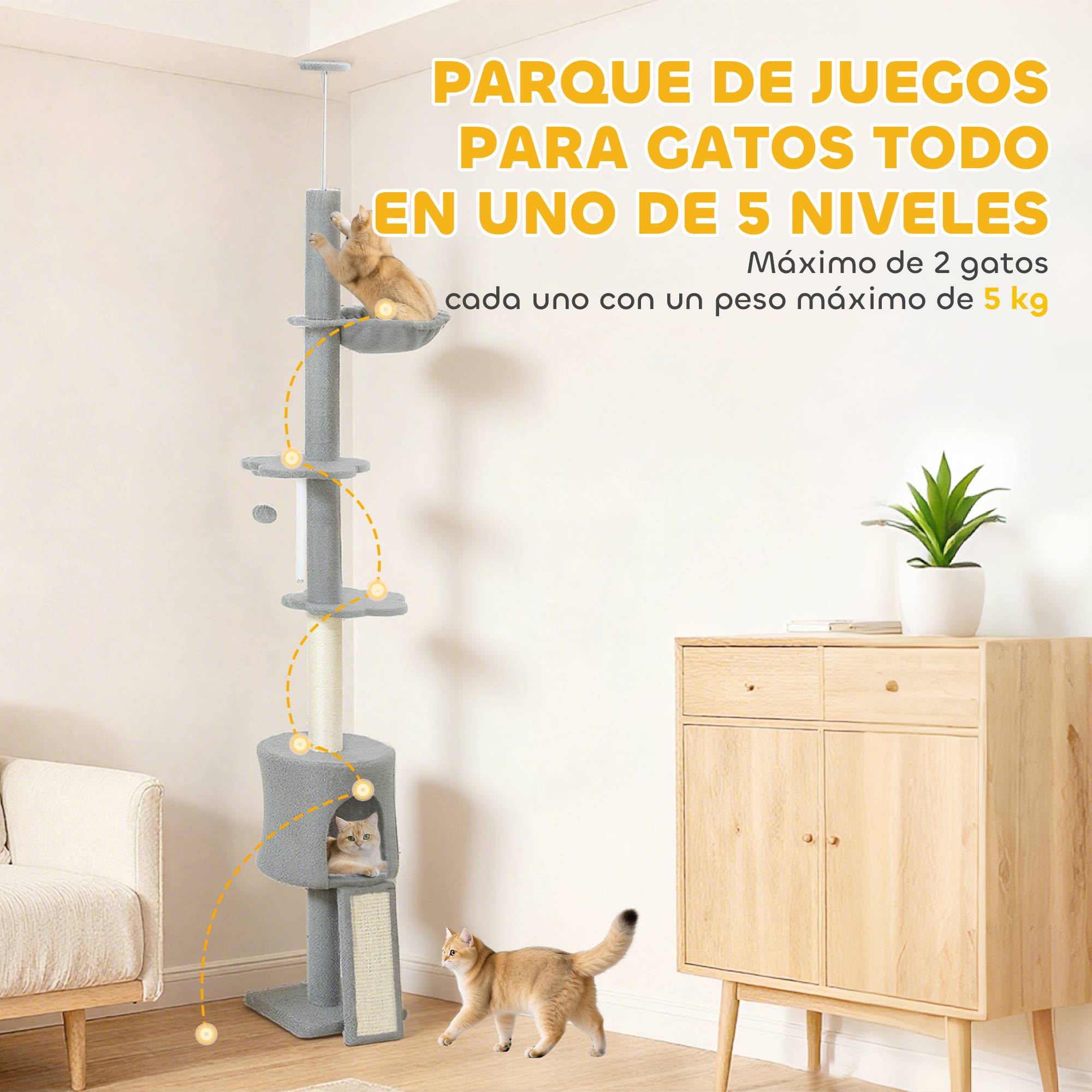 Arbre à chat du sol au plafond, hauteur réglable 220-240 cm, avec hamac, plateformes fleuries, niches, rampe, balle, gris clair - Image 8