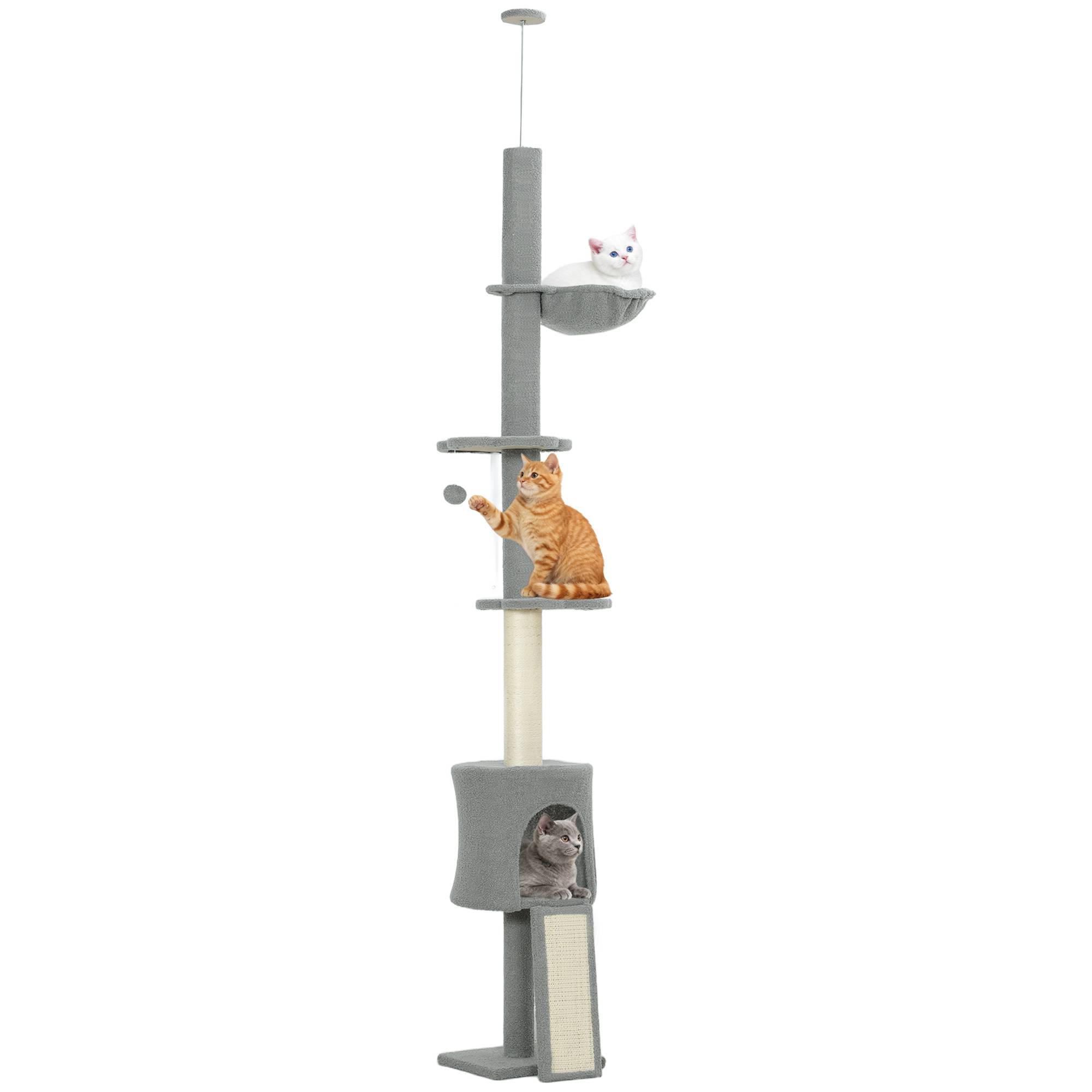 Arbre à chat du sol au plafond, hauteur réglable 220-240 cm, avec hamac, plateformes fleuries, niches, rampe, balle, gris clair - Image 1