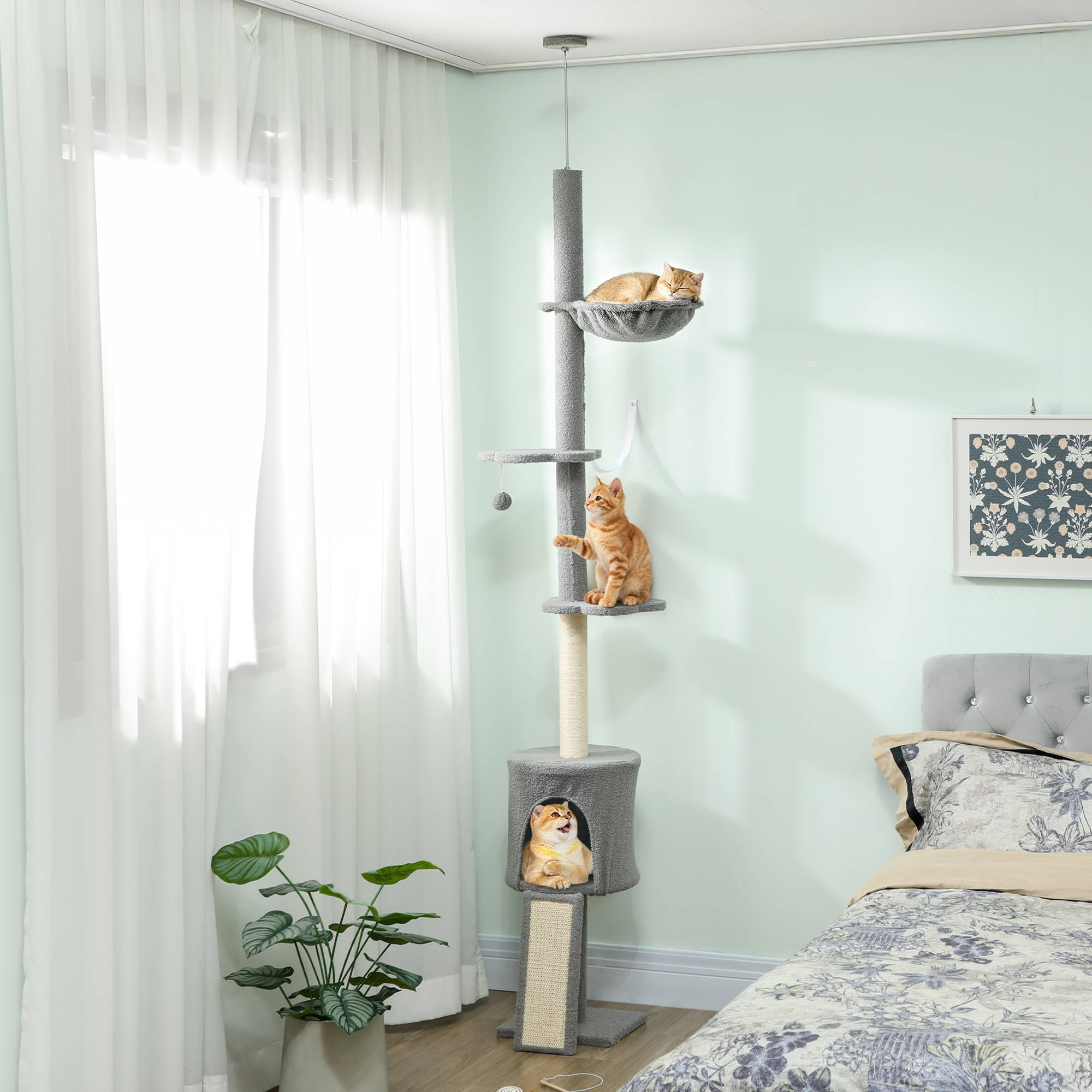 Arbre à chat du sol au plafond, hauteur réglable 220-240 cm, avec hamac, plateformes fleuries, niches, rampe, balle, gris clair - Image 3