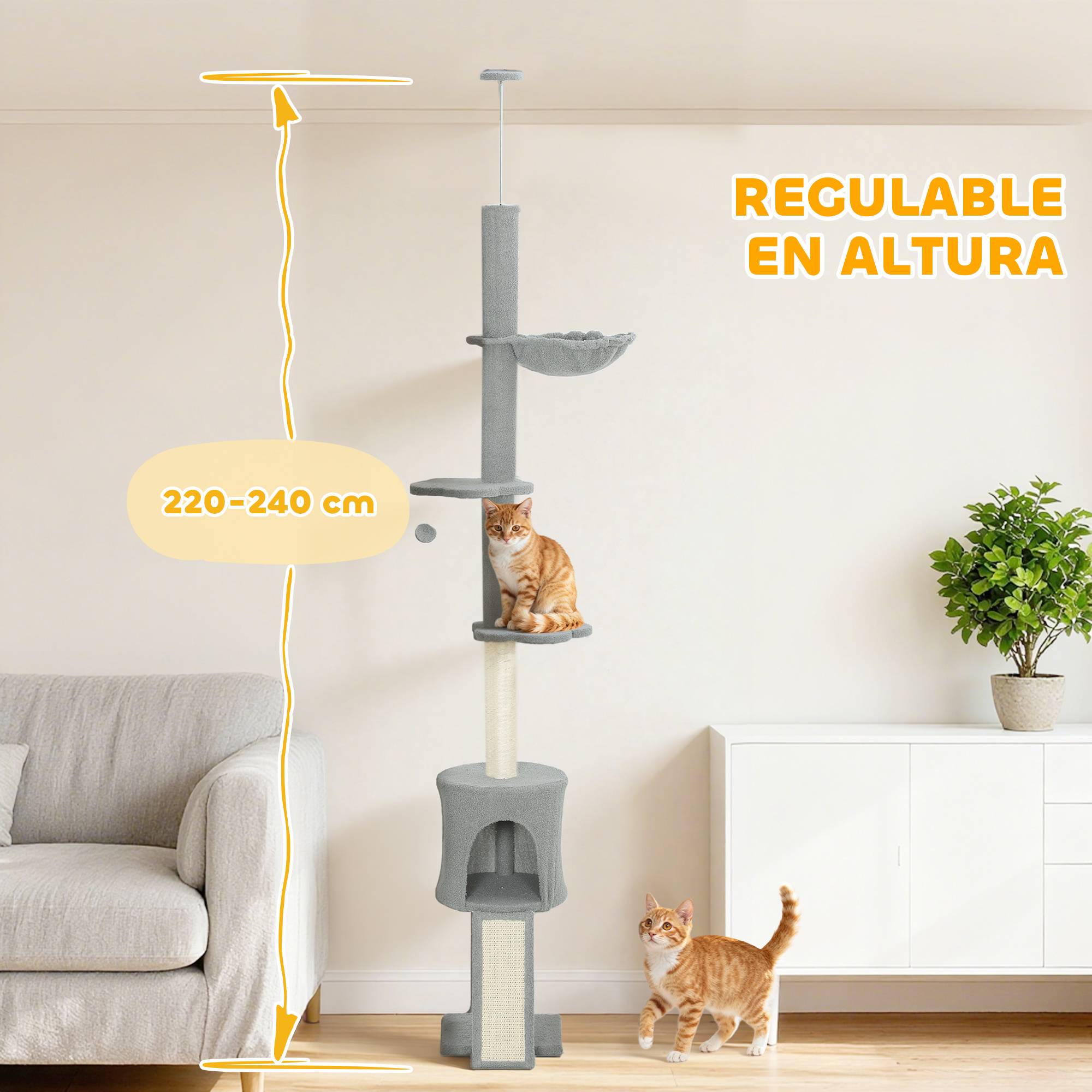 Arbre à chat du sol au plafond, hauteur réglable 220-240 cm, avec hamac, plateformes fleuries, niches, rampe, balle, gris clair - Image 6