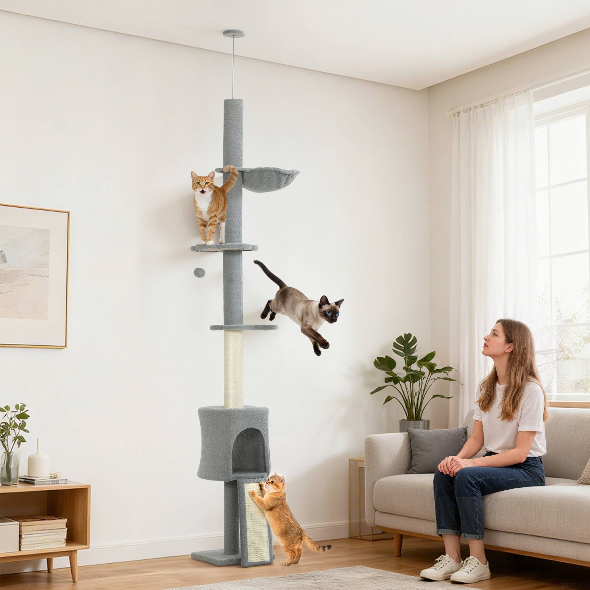 Arbre à chat du sol au plafond, hauteur réglable 220-240 cm, avec hamac, plateformes fleuries, niches, rampe, balle, gris clair - Image 4