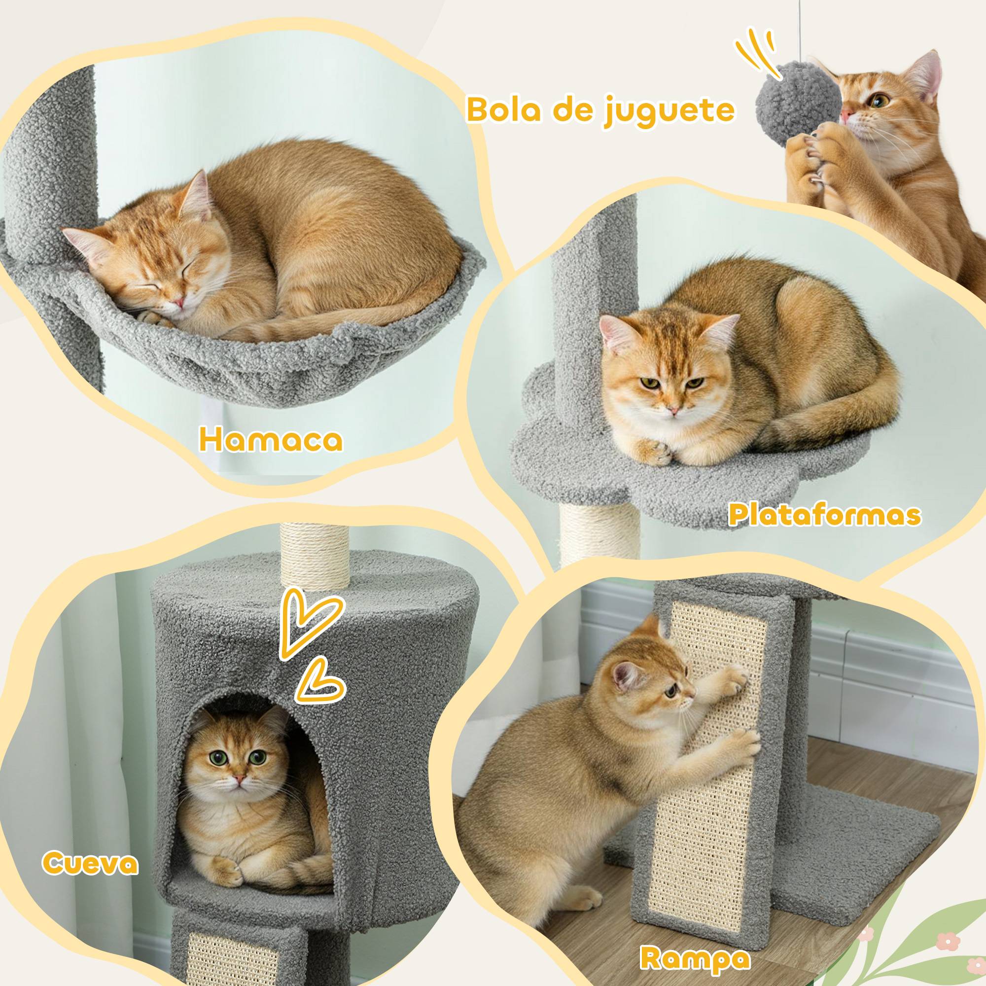 Arbre à chat du sol au plafond, hauteur réglable 220-240 cm, avec hamac, plateformes fleuries, niches, rampe, balle, gris clair - Image 7