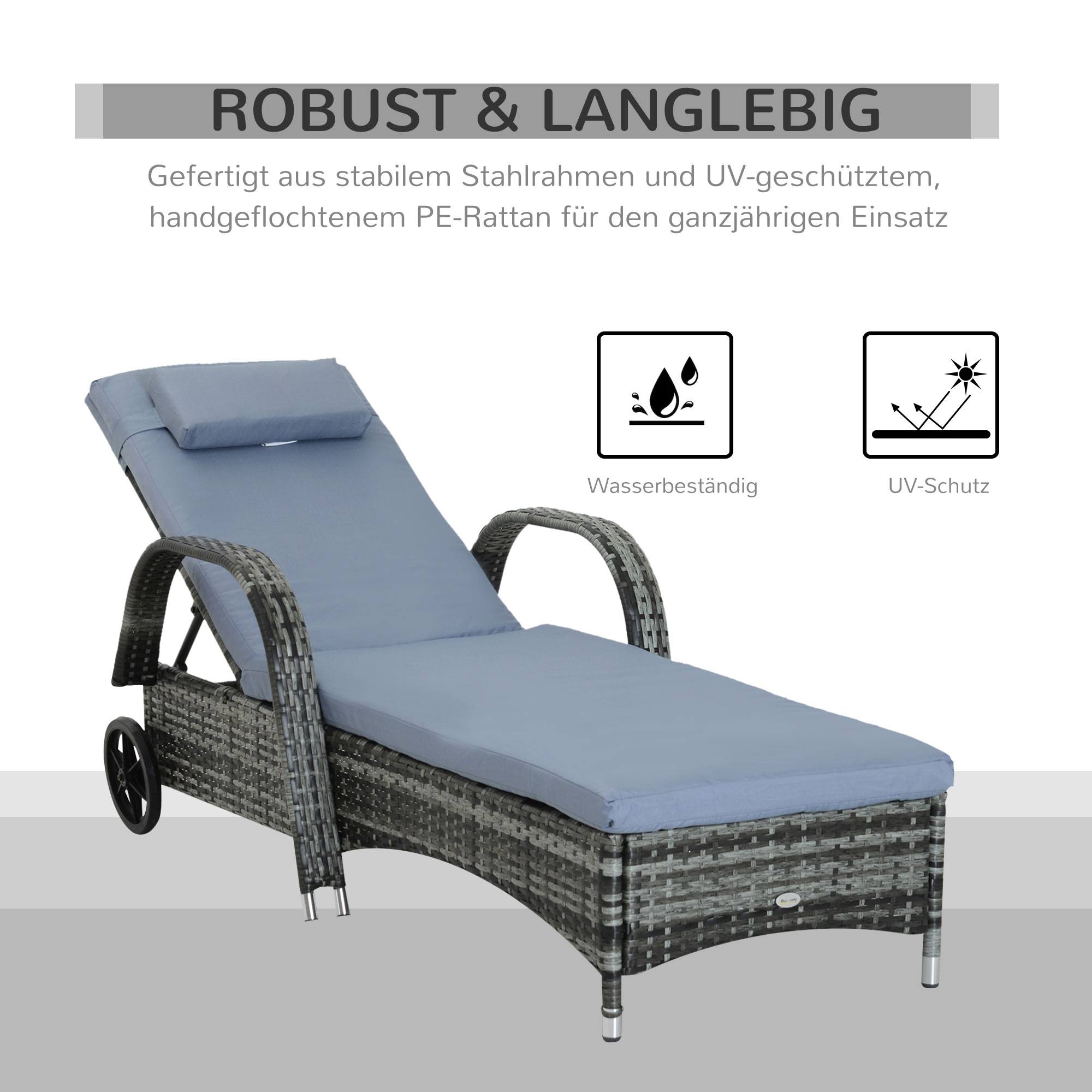 ComfortXL - Bain de soleil en résine tressée gris bleu 200 x 73 cm dossier 5 positions avec coussin et roulettes - Image 4