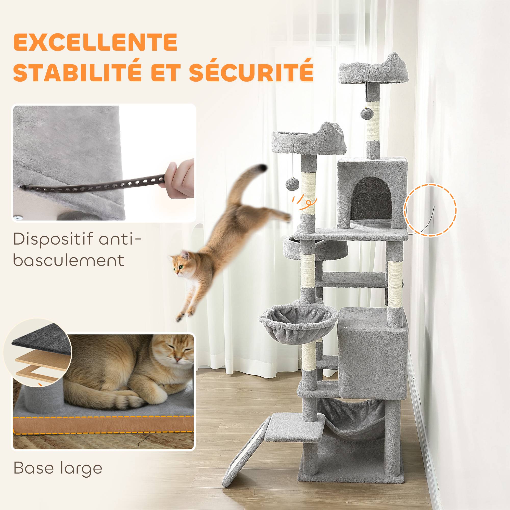 Arbre à chat sisal et peluche gris 48 x 48 x 192 cm - PANGIVO - Image 8