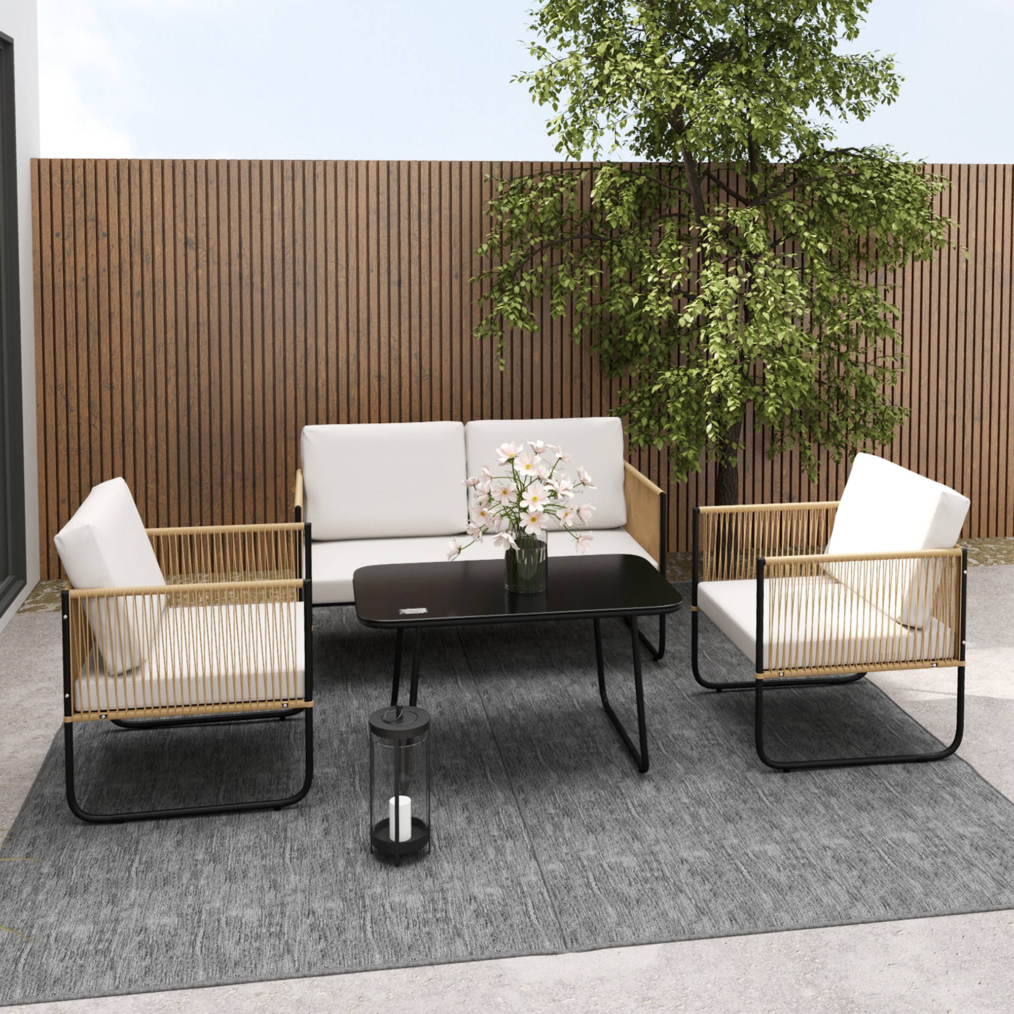Outsunny - Salon de jardin extérieur 4 places avec canapé 2 places fauteuils et table basse en résine tressée verre trempé coussins déhoussables crème - Outsunny - Image 2