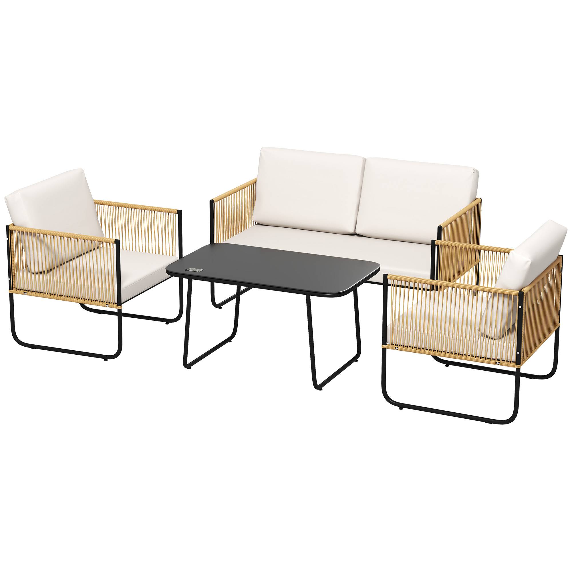 Outsunny - Salon de jardin extérieur 4 places avec canapé 2 places fauteuils et table basse en résine tressée verre trempé coussins déhoussables crème - Outsunny - Image 1