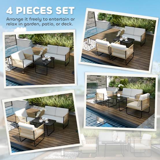 Outsunny - Salon de jardin extérieur 4 places avec canapé 2 places fauteuils et table basse en résine tressée verre trempé coussins déhoussables crème - Outsunny - Image 5