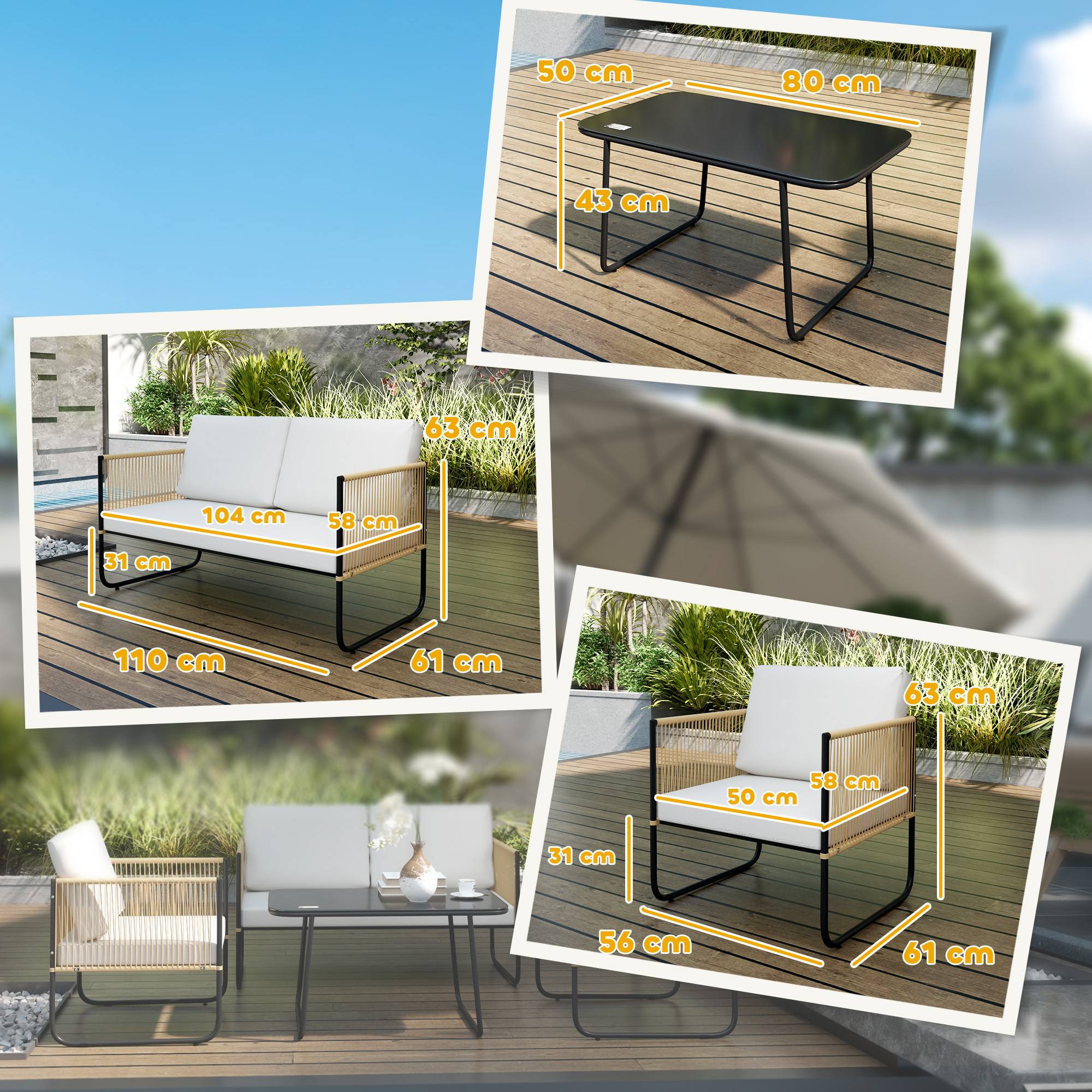 Outsunny - Salon de jardin extérieur 4 places avec canapé 2 places fauteuils et table basse en résine tressée verre trempé coussins déhoussables crème - Outsunny - Image 3