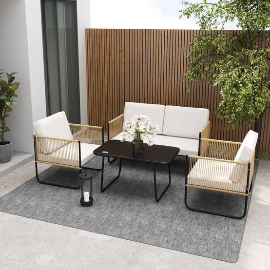 Outsunny - Salon de jardin extérieur 4 places avec canapé 2 places fauteuils et table basse en résine tressée verre trempé coussins déhoussables crème - Outsunny - Image 4