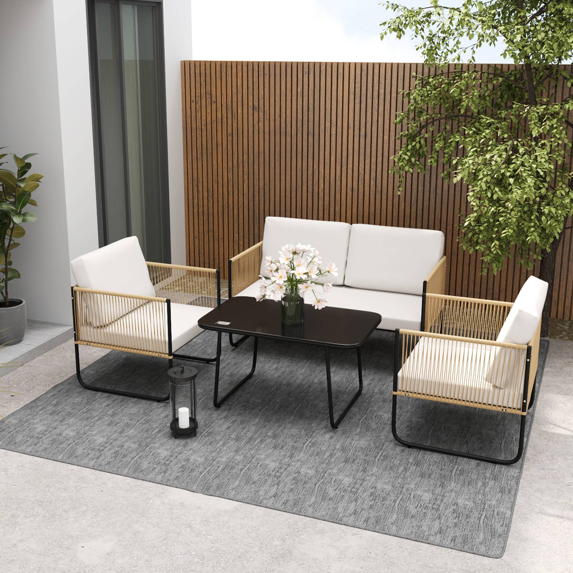 Outsunny - Salon de jardin extérieur 4 places avec canapé 2 places fauteuils et table basse en résine tressée verre trempé coussins déhoussables crème - Outsunny - Image 4