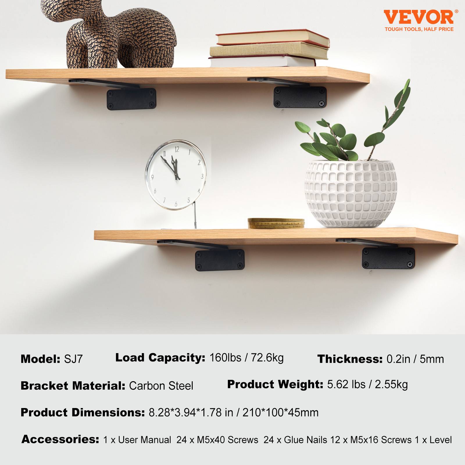 VEVOR Équerre étagère noire, 210x100x45 mm. Acier épaisseur 5 mm, charge 72,6 kg. Lot de 6, style flottant. - Image 7