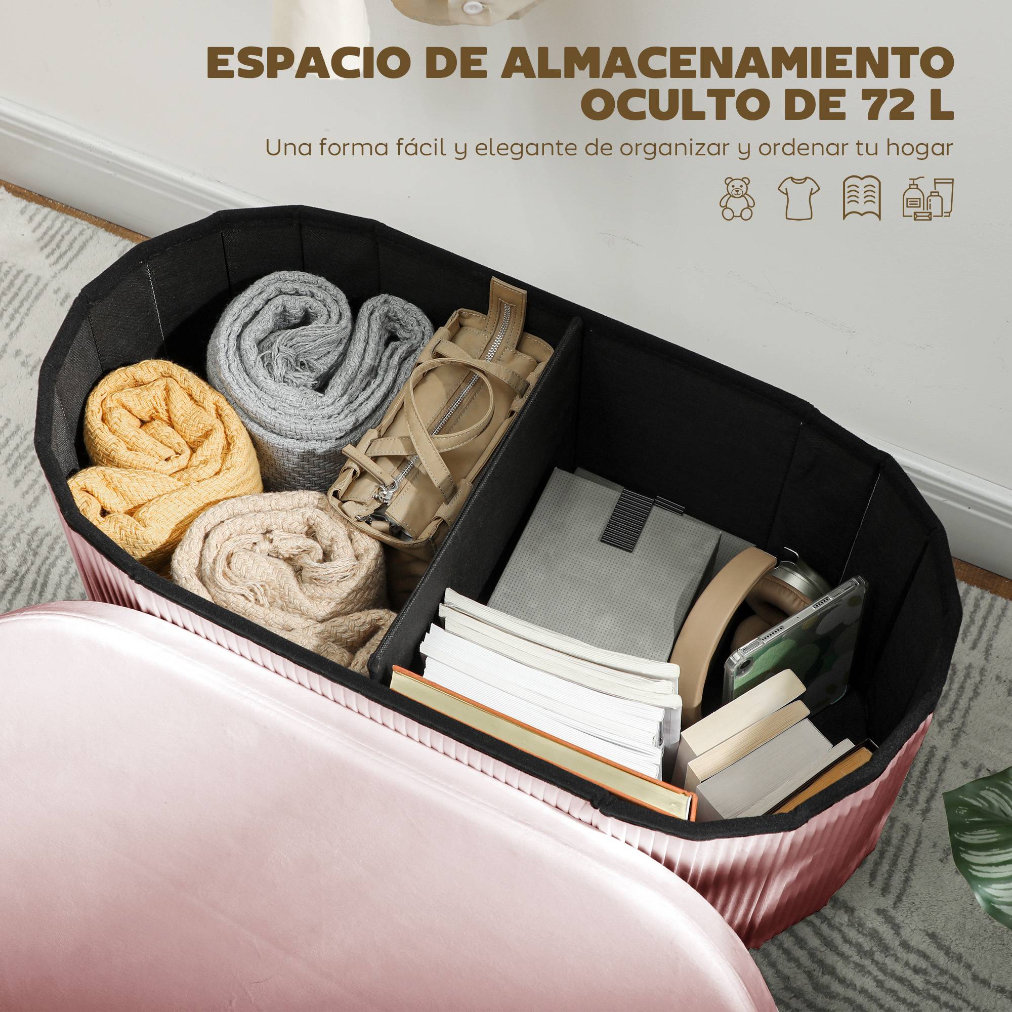 Banc coffre ottoman avec coffre de rangement pliable, 72 L, 76 x 38 x 35 cm, revêtement en velours, coffre de rangement rose - Image 6