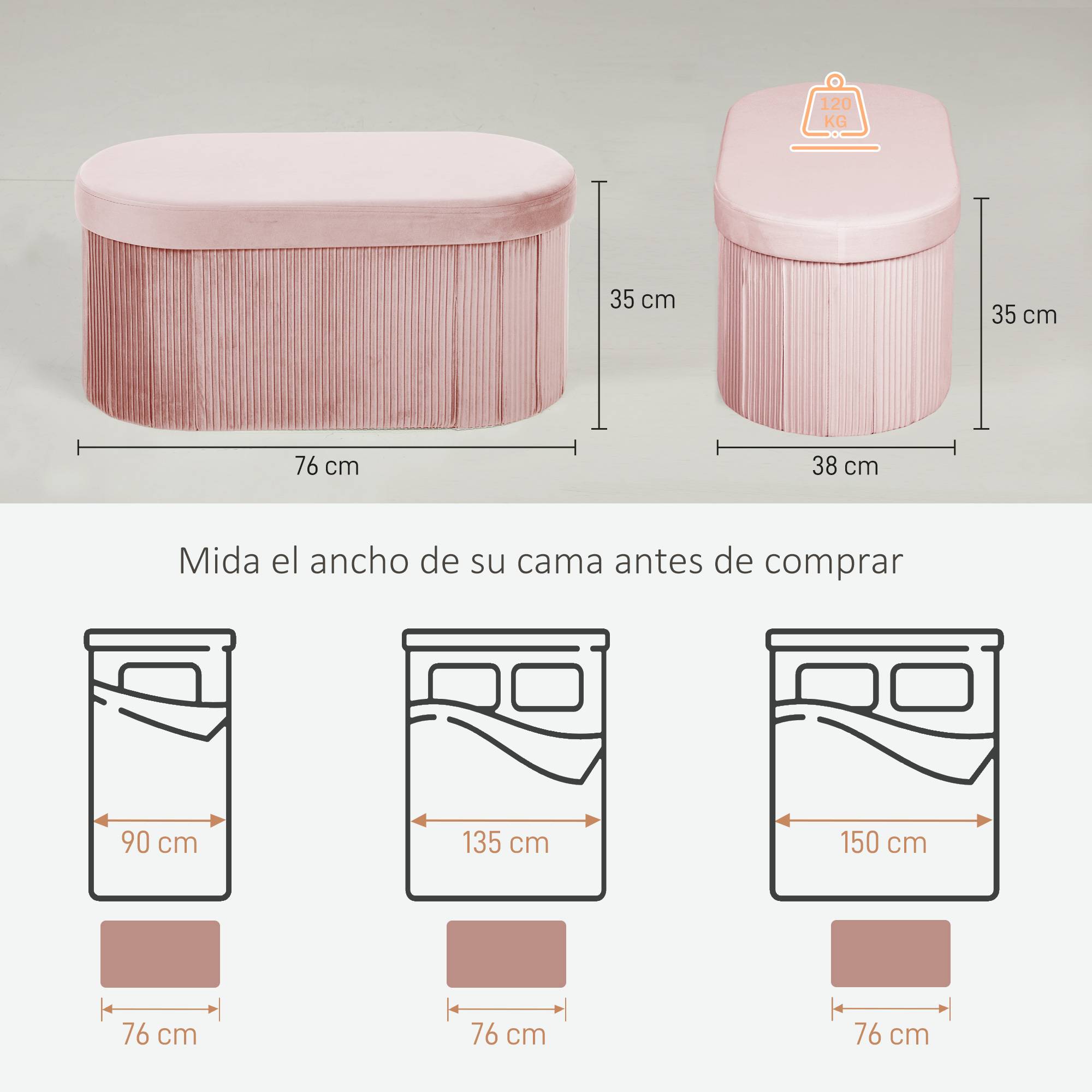 Banc coffre ottoman avec coffre de rangement pliable, 72 L, 76 x 38 x 35 cm, revêtement en velours, coffre de rangement rose - Image 5