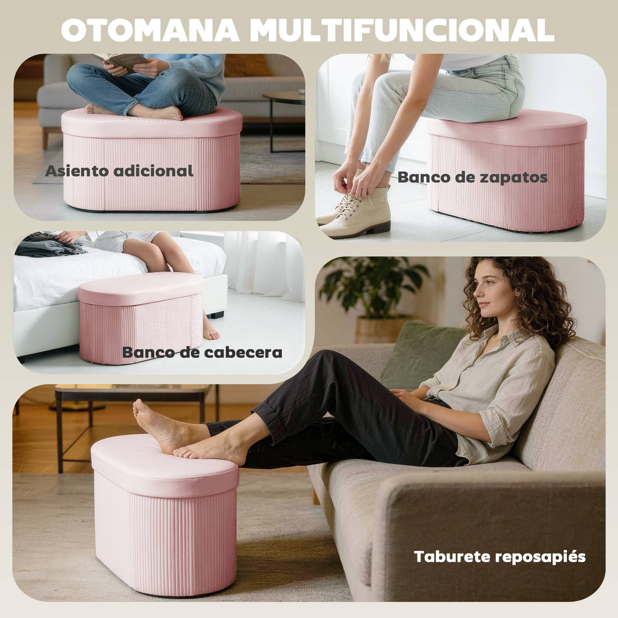 Banc coffre ottoman avec coffre de rangement pliable, 72 L, 76 x 38 x 35 cm, revêtement en velours, coffre de rangement rose - Image 9