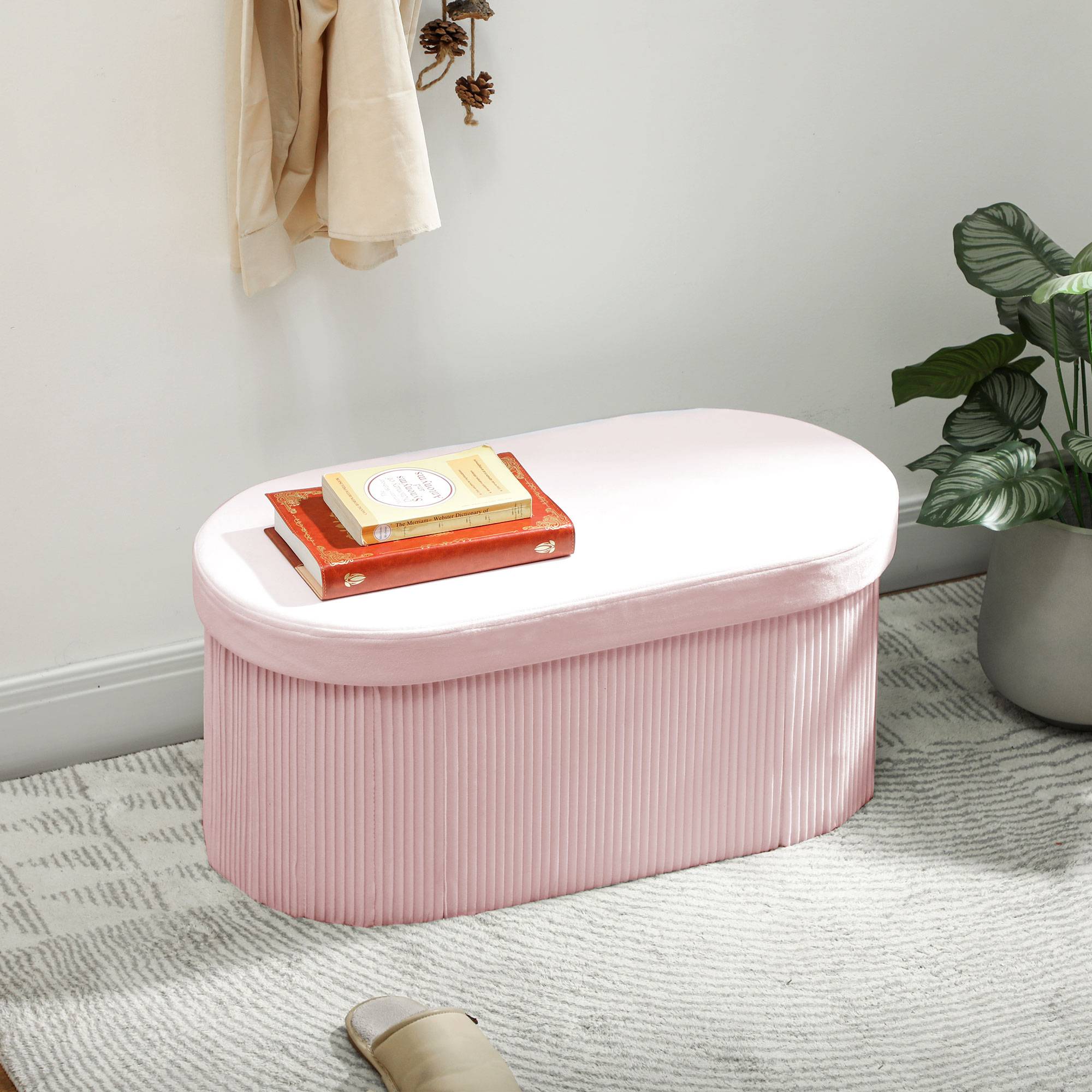 Banc coffre ottoman avec coffre de rangement pliable, 72 L, 76 x 38 x 35 cm, revêtement en velours, coffre de rangement rose - Image 3