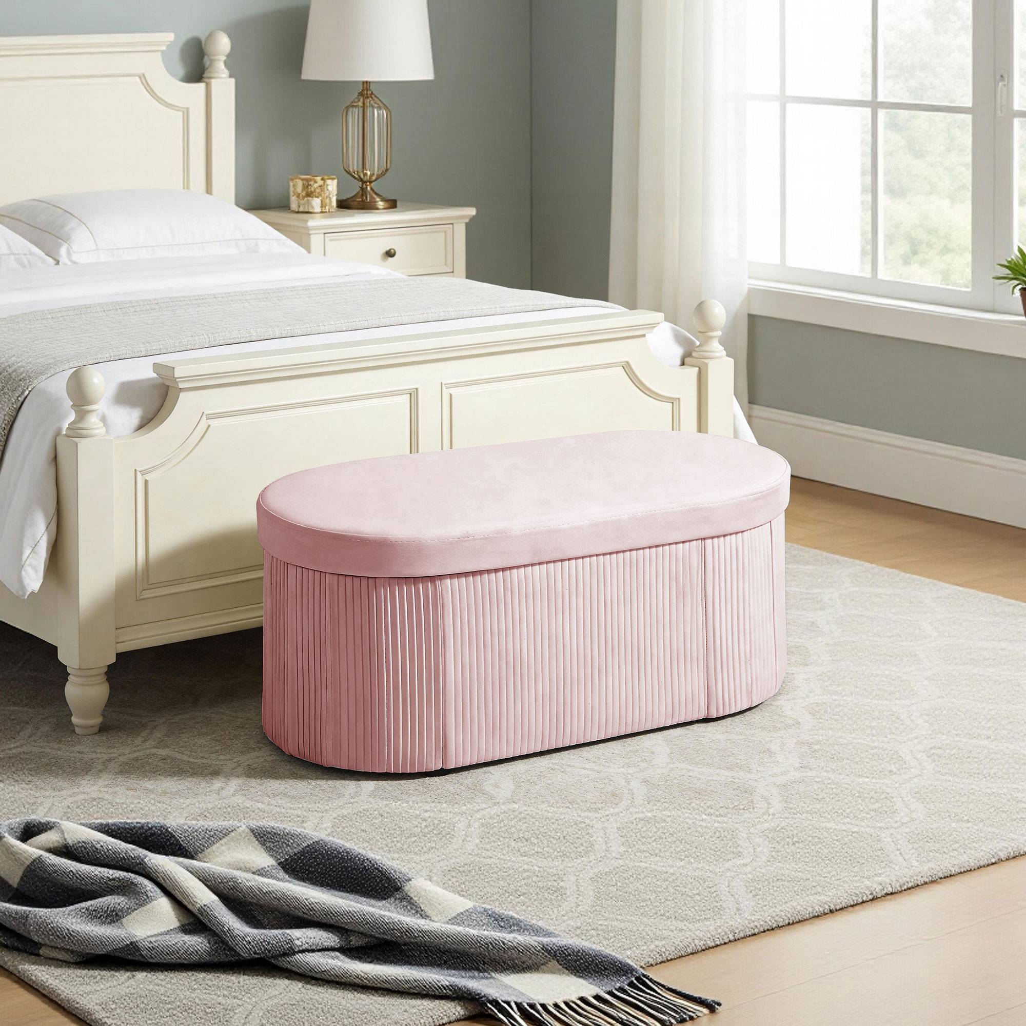 Banc coffre ottoman avec coffre de rangement pliable, 72 L, 76 x 38 x 35 cm, revêtement en velours, coffre de rangement rose - Image 4