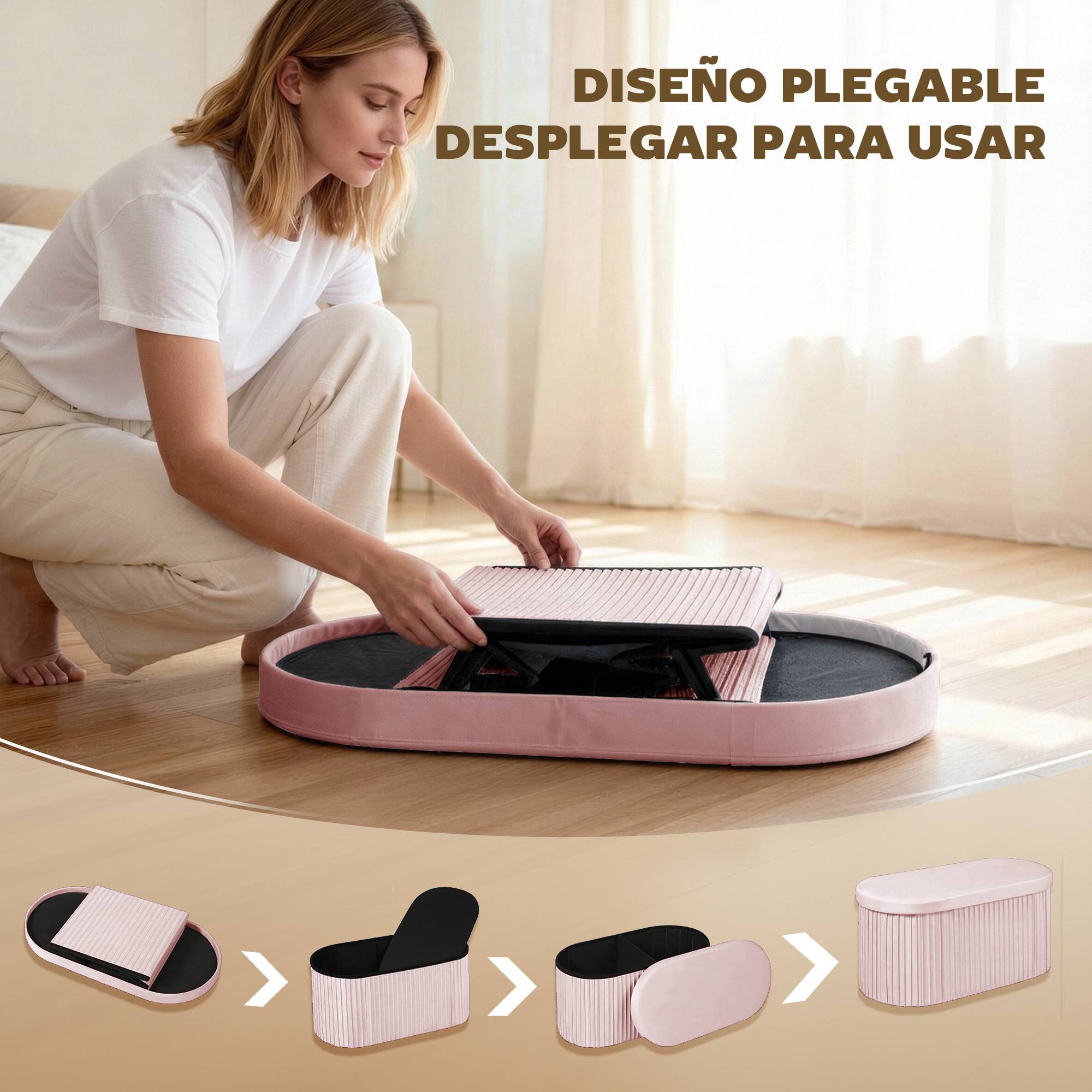 Banc coffre ottoman avec coffre de rangement pliable, 72 L, 76 x 38 x 35 cm, revêtement en velours, coffre de rangement rose - Image 7