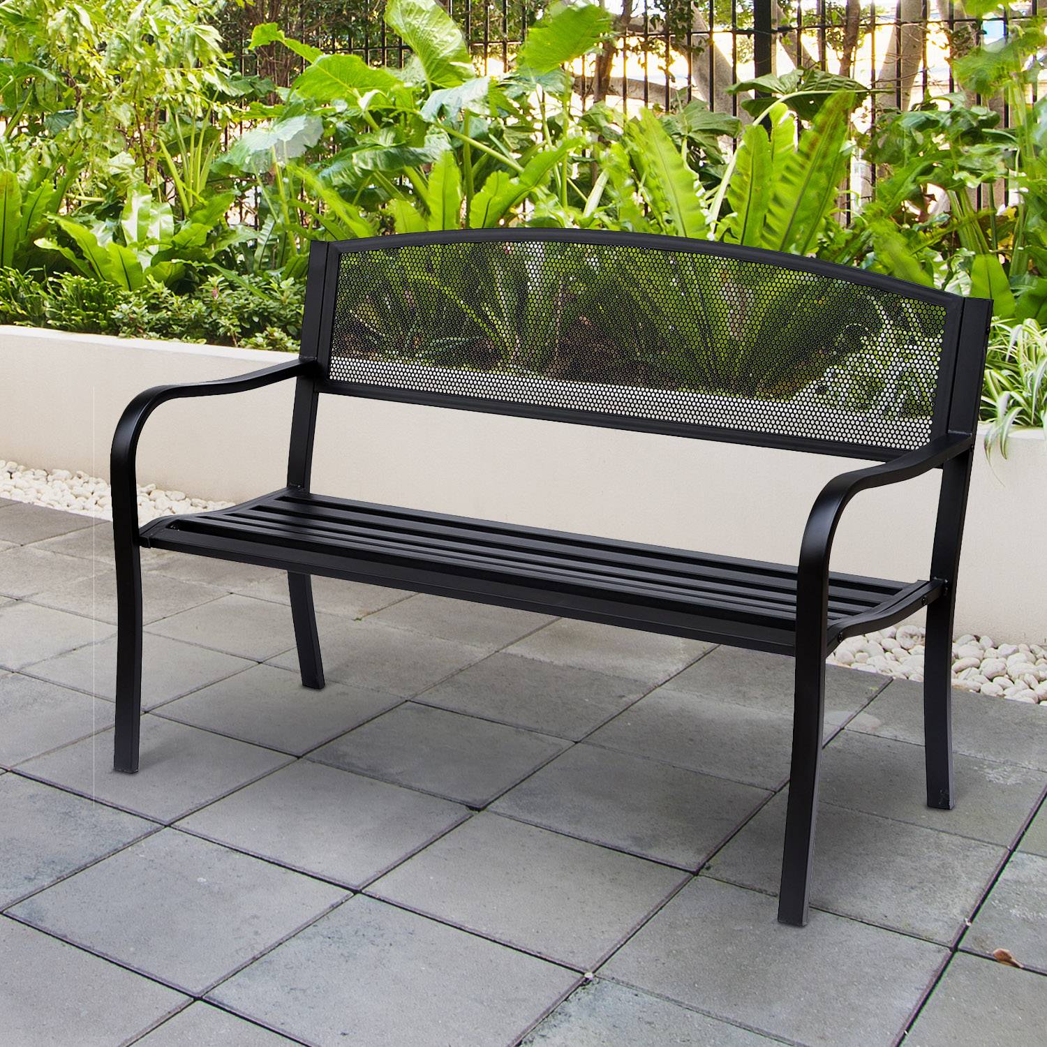 Sans Marque - Banc 3 Places de Jardin terrasse Style Contemporain 127L x 60l x 87H cm métal époxy anticorrosion Noir - Image 3