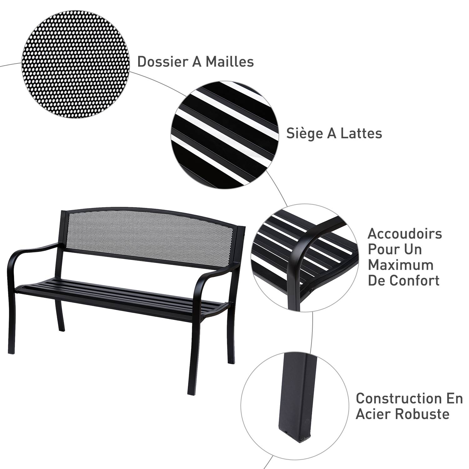 Sans Marque - Banc 3 Places de Jardin terrasse Style Contemporain 127L x 60l x 87H cm métal époxy anticorrosion Noir - Image 6