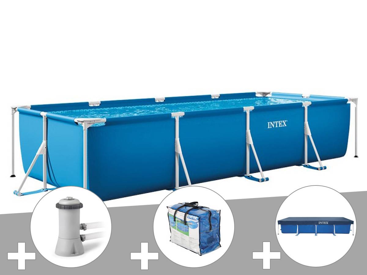 Kit piscine tubulaire rectangulaire Intex 4,50 x 2,20 x 0,84 m + Filtration à cartouche + Bâche de protection + Bâche à bulles - Image 1