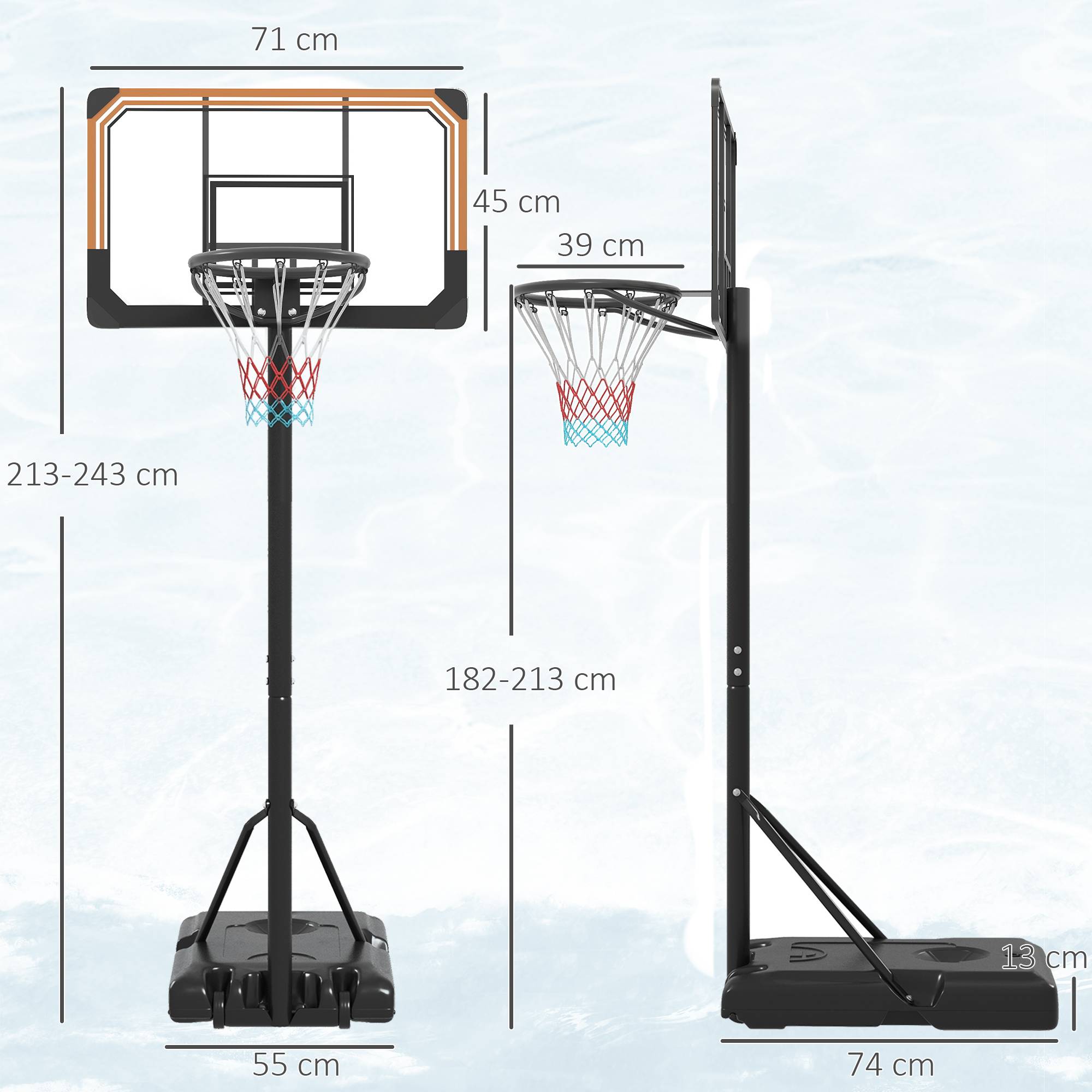 Panier de basket sur pied hauteur réglable 213 - 243 cm avec base de lestage roulettes panneau arrière robuste noir - Image 5
