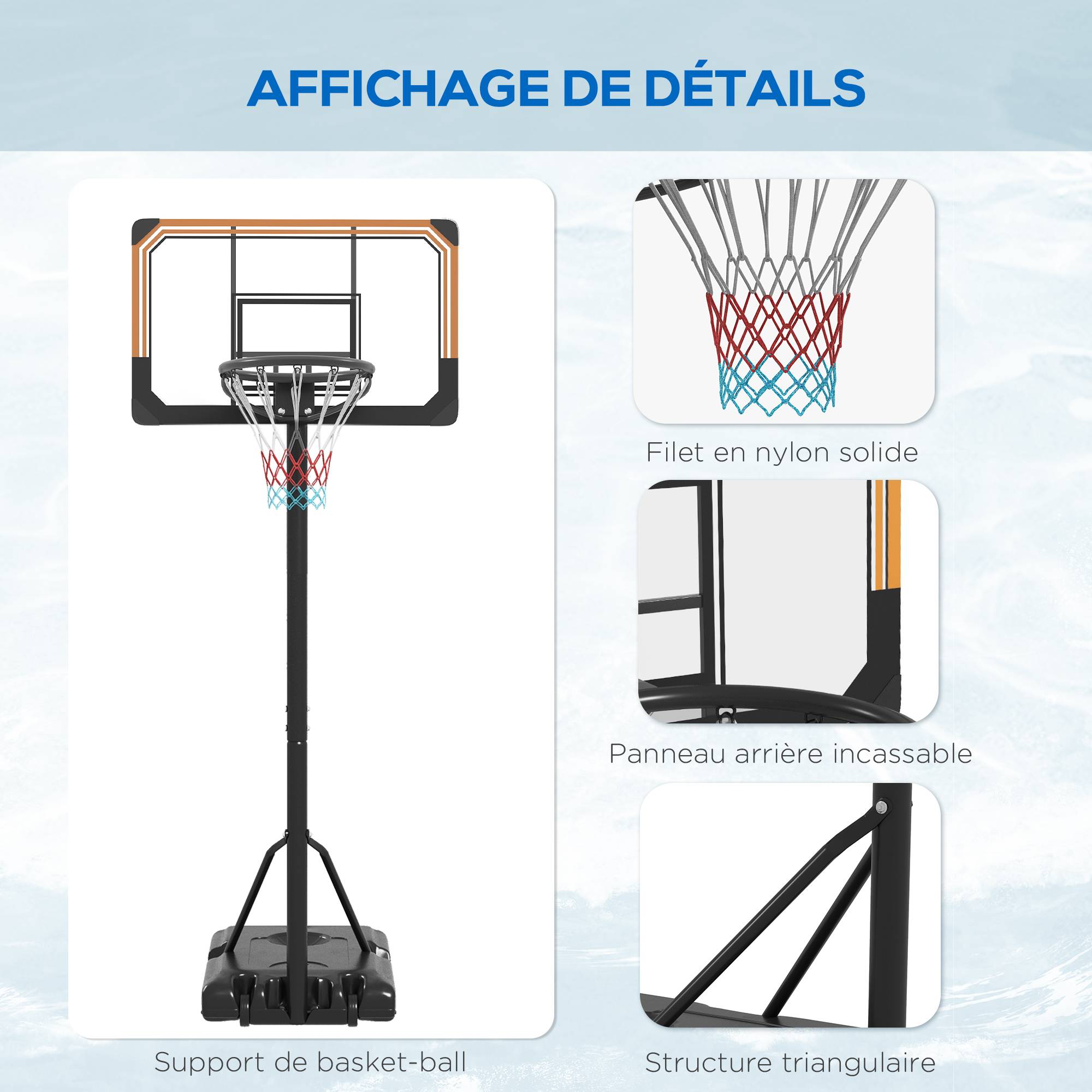 Panier de basket sur pied hauteur réglable 213 - 243 cm avec base de lestage roulettes panneau arrière robuste noir - Image 10